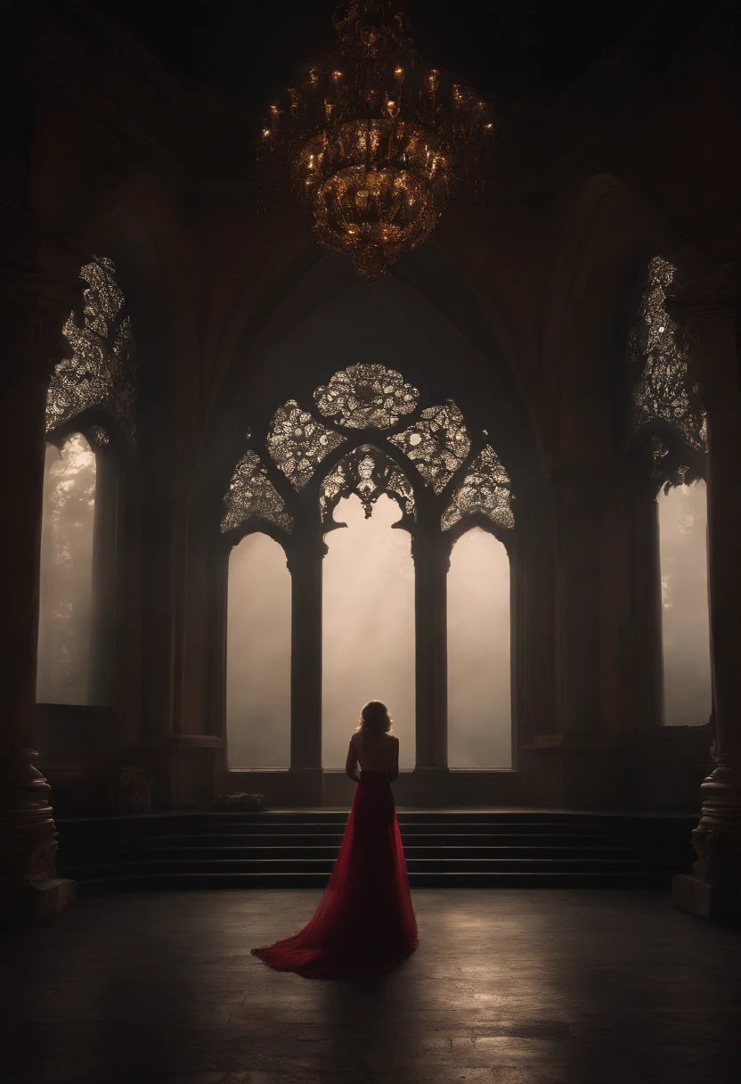 Krenz Kchart Style, Princess dressed in carefully woven lace with nerves、Vampire Princess、Surrounded by a large hall made of pottery and skeletons、Rays from Heaven、strong contrasts、Foggy space、Mystery and horror、Large space、Empty space、Heralding the end of an evil night、Quantum light source