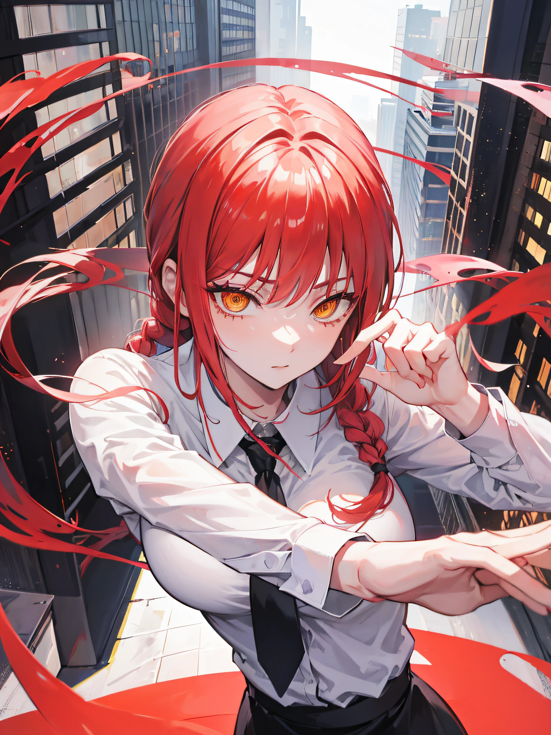 makima, white shirt, black neck tie, ringed eyes, braid, braided ponytail, long hair, red hair, sidelocks, yellow eyes, dynamic pose, city, ultra hd, no blood, large breast.