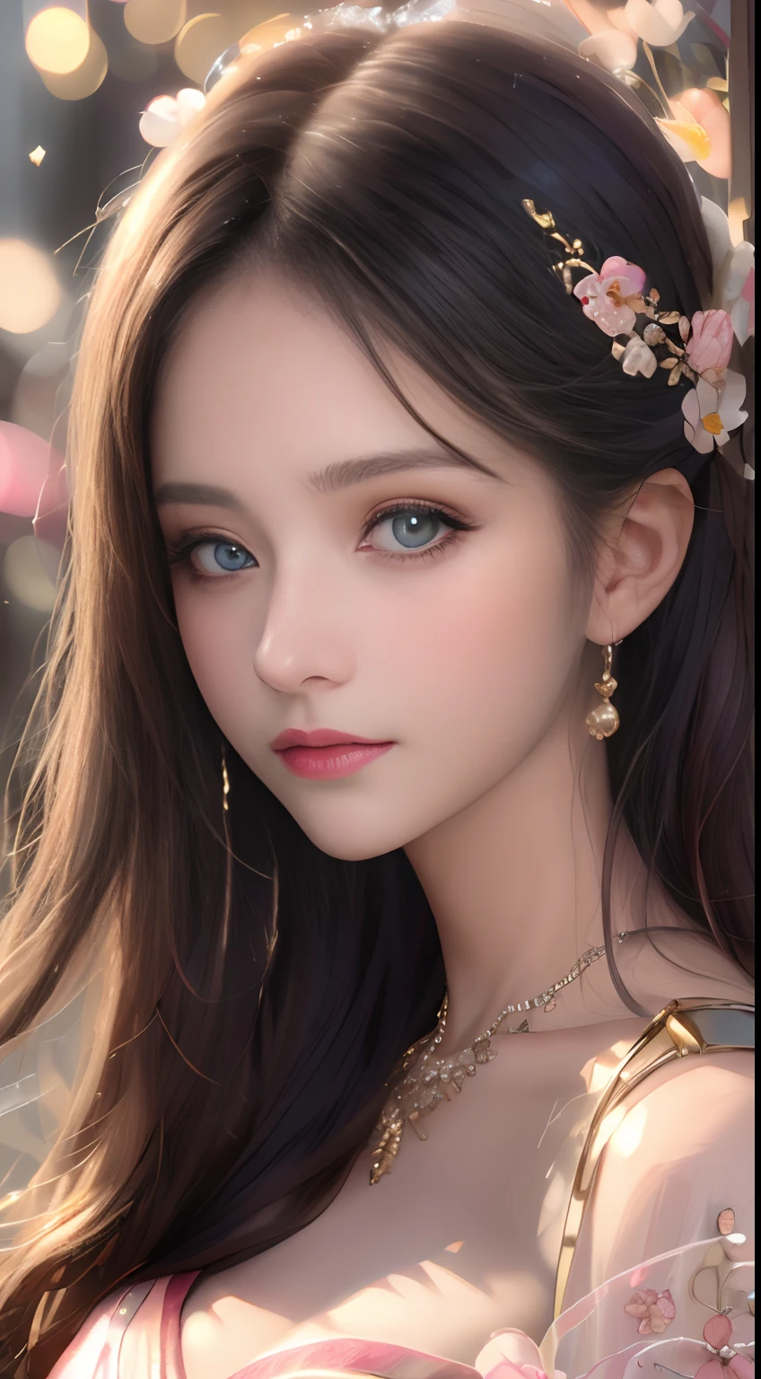 best qualtiy，tmasterpiece，A high resolution，1girll，Dingdall effect，realisticlying，edge lit，twotonelighting，（highdetailskin：1.2），8K  UHD，Pure，Sweet，Flower background，Colorful background，Based on physical rendering，Perfect light and shadow，extreme hight detail，Pink tones，Eye reflections，Raised sexy，perfect bodies，Superb beauty，largeeyes，long eyelasher，Delicate eyes，large shiny eyes，Minor pupillary reflexes，Shoulder and neck details，The pupil texture is delicate，Perfect eyes，Black pupils，best qualtiy，tmasterpiece，16k，A picture，head portrait，Bigchest，longer sleeves，Take care of your chest，Large breasts，Delicate avatar