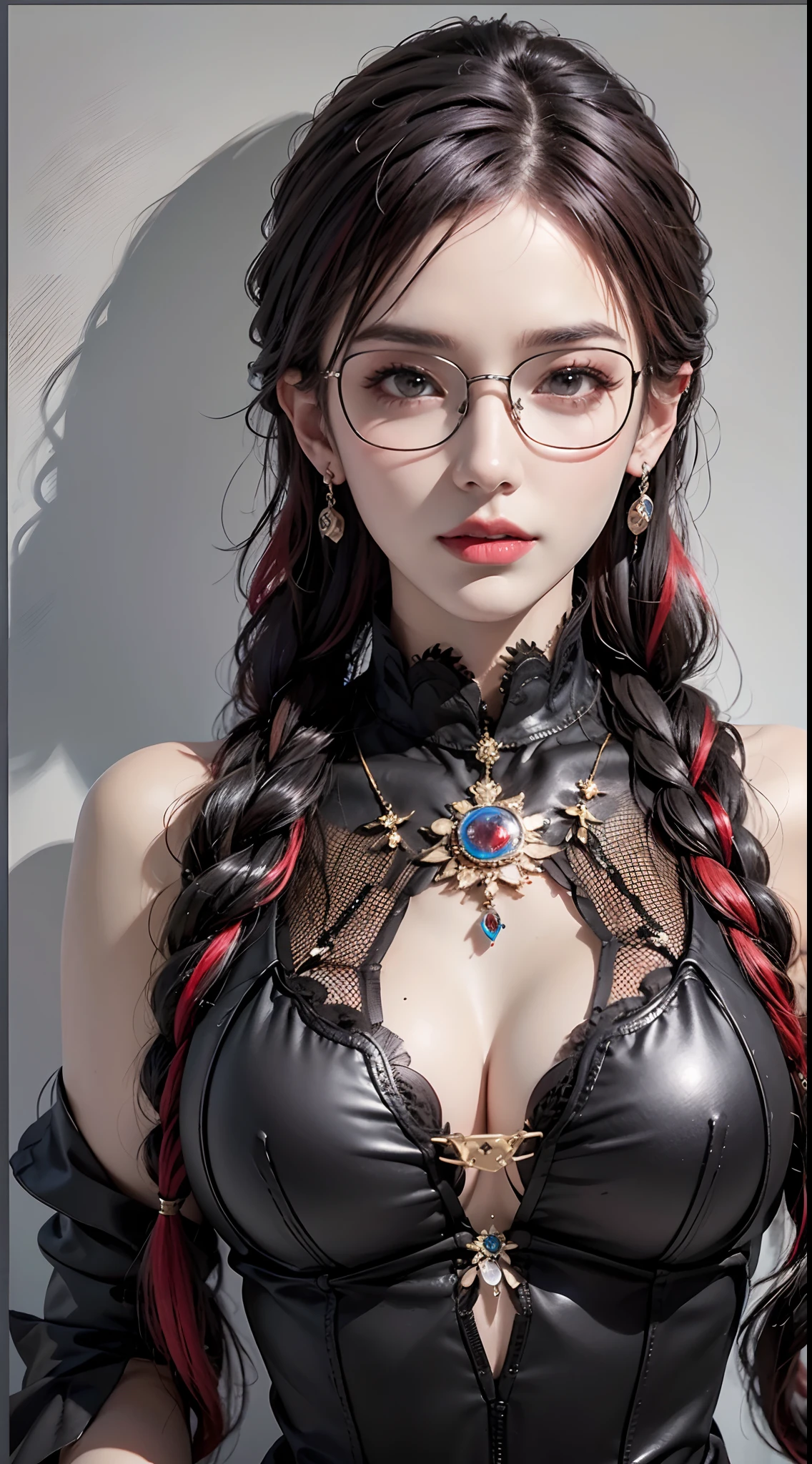 photorealistic, high resolution, 1women, mature female, solo, hips up, look at viewer, (detailed face), black hair, earrings, jewelry, red hair, multicolored hair, twin braids, glasses, ((gloves)), grey eyes, dress