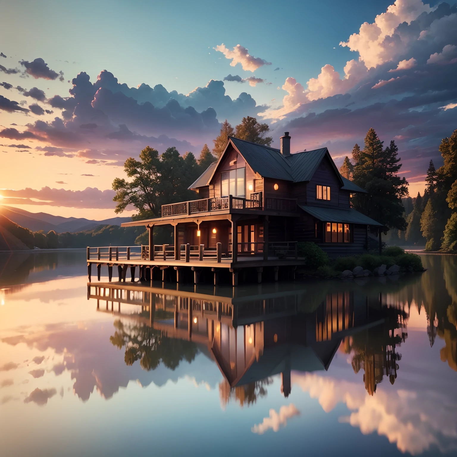 beautiful lake, nature, masterpiece, sun fall, evening , sunset, clouds, purple sky, lake house made out of logs, a small dock, reflections, beautiful, peaceful