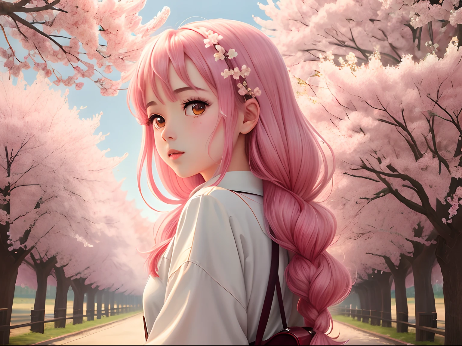 (masterpiece), (best quality), (extremely detailed), (8k wallpaper), a breathtaking sakura tree field with cherry blossom as far as the eye can see, anime style, girl in the center looking at the viewer