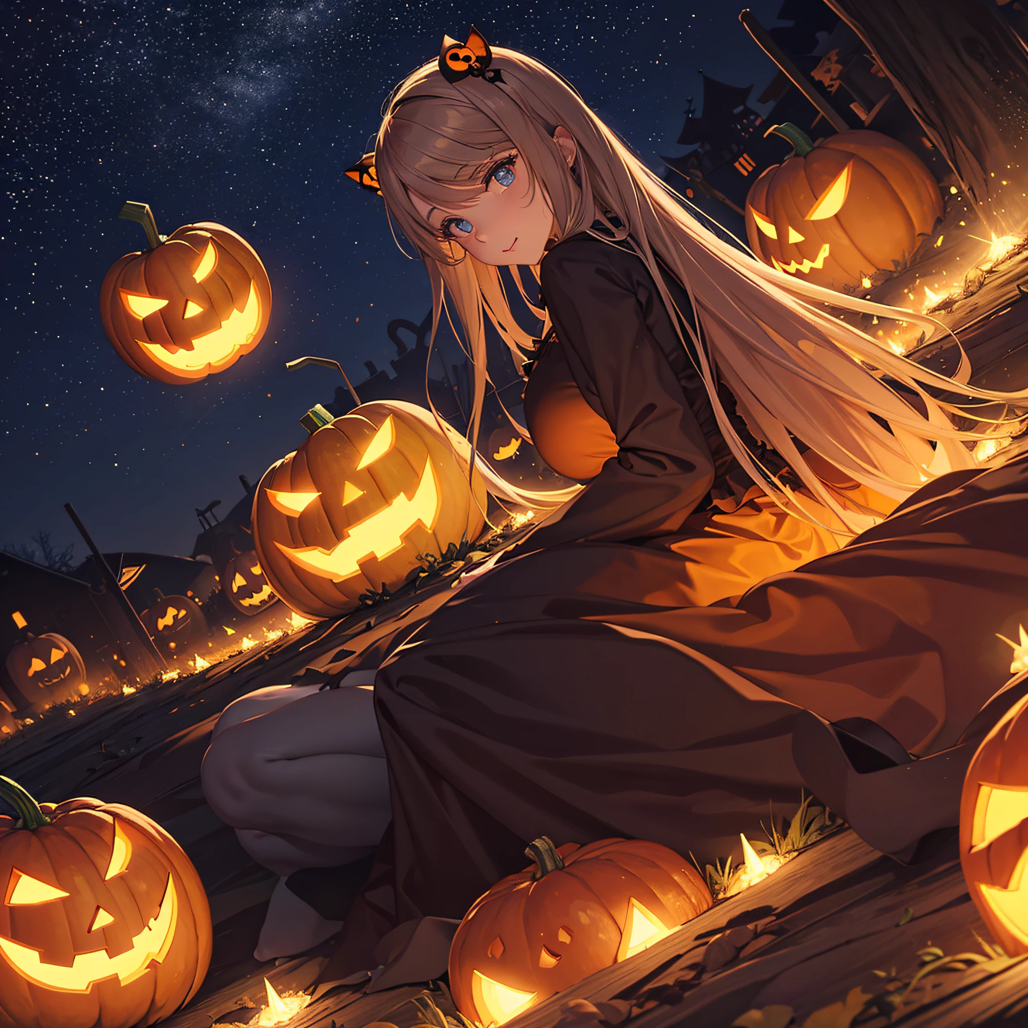 a Halloween vector background with a pumpkin patch bathed in the glow of jack-o'-lanterns and a starry night sky