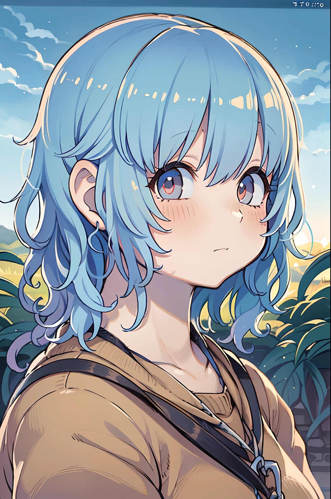 beautifully drawn, High quality, Super detailed CG illustration of a young man with a calm expression, Staring into the distance with light blue hair gently swaying in the desert breeze. The view behind him is vast and breathtaking, Draw viewers into a world of wonder and exploration.