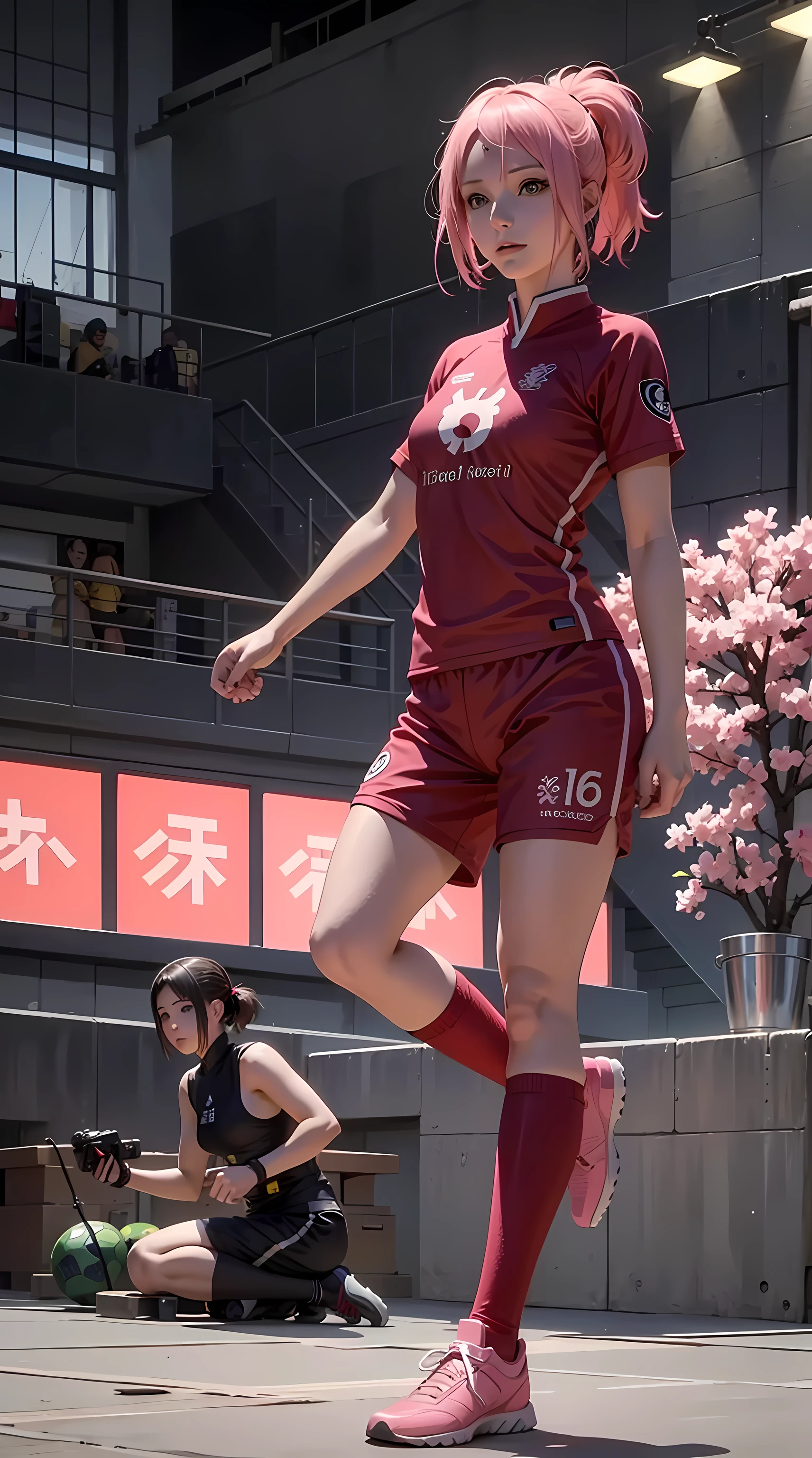 haruno sakura, forehead mark, sakura from the anime naruto, short hair, pink hair, ponytail, beautiful woman, beautiful, perfect body, perfect breasts, wearing a soccer jersey, soccer pants, soccer shoes, in the middle of the soccer field, looking at the audience, little smile, realism, masterpiece, textured skin, super detailed, high detail, high quality, best quality, 1080p, 16k