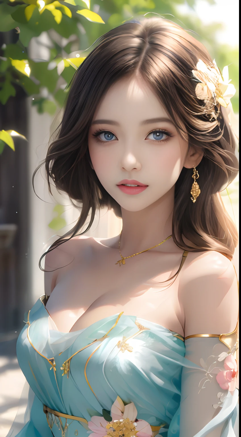 best qualtiy,tmasterpiece,A high resolution,1girll,Dingdall effect,realisticlying,edge lit,twotonelighting,(highdetailskin:1.2),8K UHD,Pure,Sweet,Flower background,Colorful background,Based on physical rendering,Perfect light and shadow,extreme hight detail,Pink tones,Eye reflections,Raised sexy,perfect bodies,Superb beauty,largeeyes,long eyelasher,Delicate eyes,large shiny eyes,Minor pupillary reflexes,Shoulder and neck details,The pupil texture is delicate,Perfect eyes,Black pupils,best qualtiy,tmasterpiece,16k,A picture,head portrait,Bigchest,longer sleeves,Take care of your chest,Large breasts,Delicate avatar