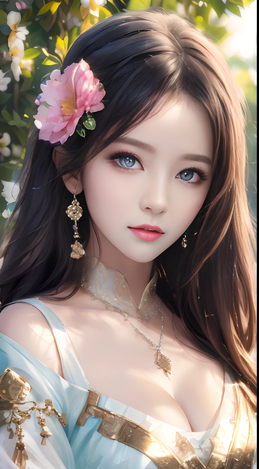 best qualtiy，tmasterpiece，A high resolution，1girll，Dingdall effect，realisticlying，edge lit，twotonelighting，（highdetailskin：1.2），8K  UHD，Pure，Sweet，Flower background，Colorful background，Based on physical rendering，Perfect light and shadow，extreme hight detail，Pink tones，Eye reflections，Raised sexy，perfect bodies，Superb beauty，largeeyes，long eyelasher，Delicate eyes，large shiny eyes，Minor pupillary reflexes，Shoulder and neck details，The pupil texture is delicate，Perfect eyes，Black pupils，best qualtiy，tmasterpiece，16k，A picture，head portrait，Bigchest，longer sleeves，Take care of your chest，Large breasts，Delicate avatar