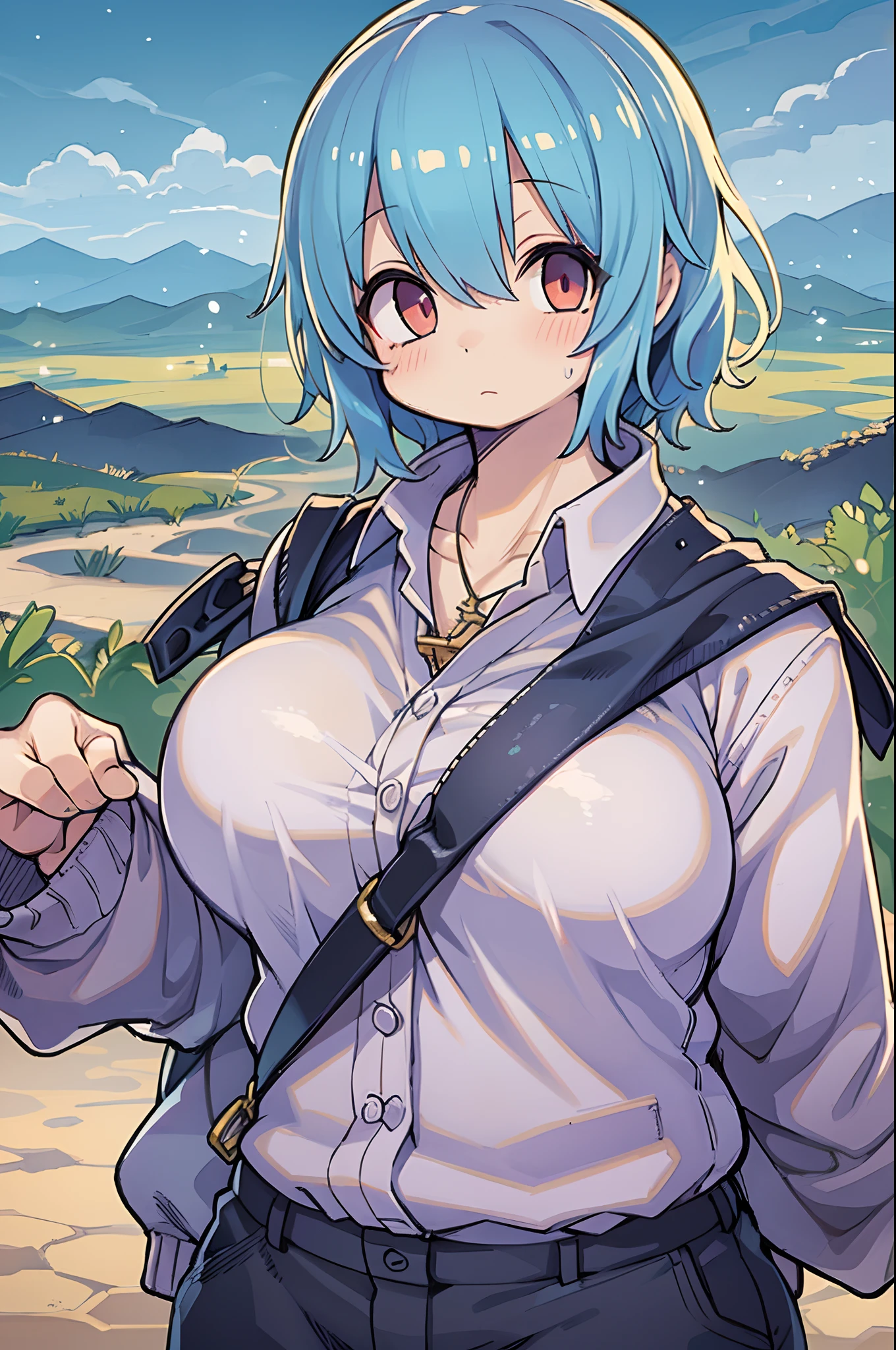 beautifully drawn, High quality, Super detailed CG illustration of a young man with a calm expression, Staring into the distance with light blue hair gently swaying in the desert breeze. The view behind him is vast and breathtaking, Draw viewers into a world of wonder and exploration.