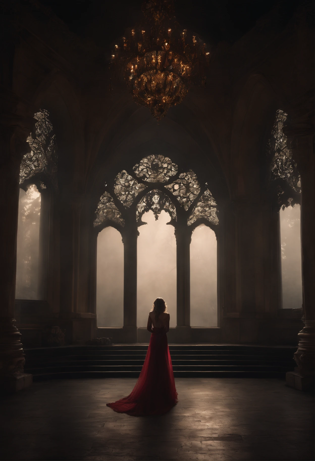Krenz Kchart Style, Princess dressed in carefully woven lace with nerves、Vampire Princess、Surrounded by a large hall made of pottery and skeletons、Rays from Heaven、strong contrasts、Foggy space、Mystery and horror、Large space、Empty space、Heralding the end of an evil night、Quantum light source