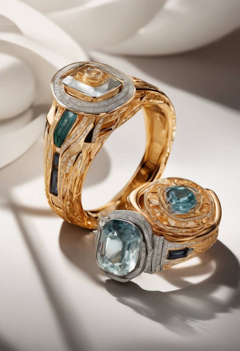 Close-up of rings and rings, jewelry photography, chaumet style, gemstones and gold, amber jewelry,Transparent columnar base，Light,Dark tone photography，lightand shade contrast
