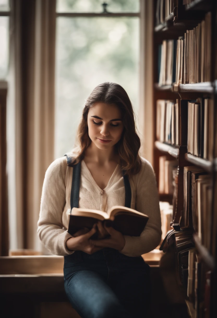 A woman sitting on a bench reading a book in a library - SeaArt AI