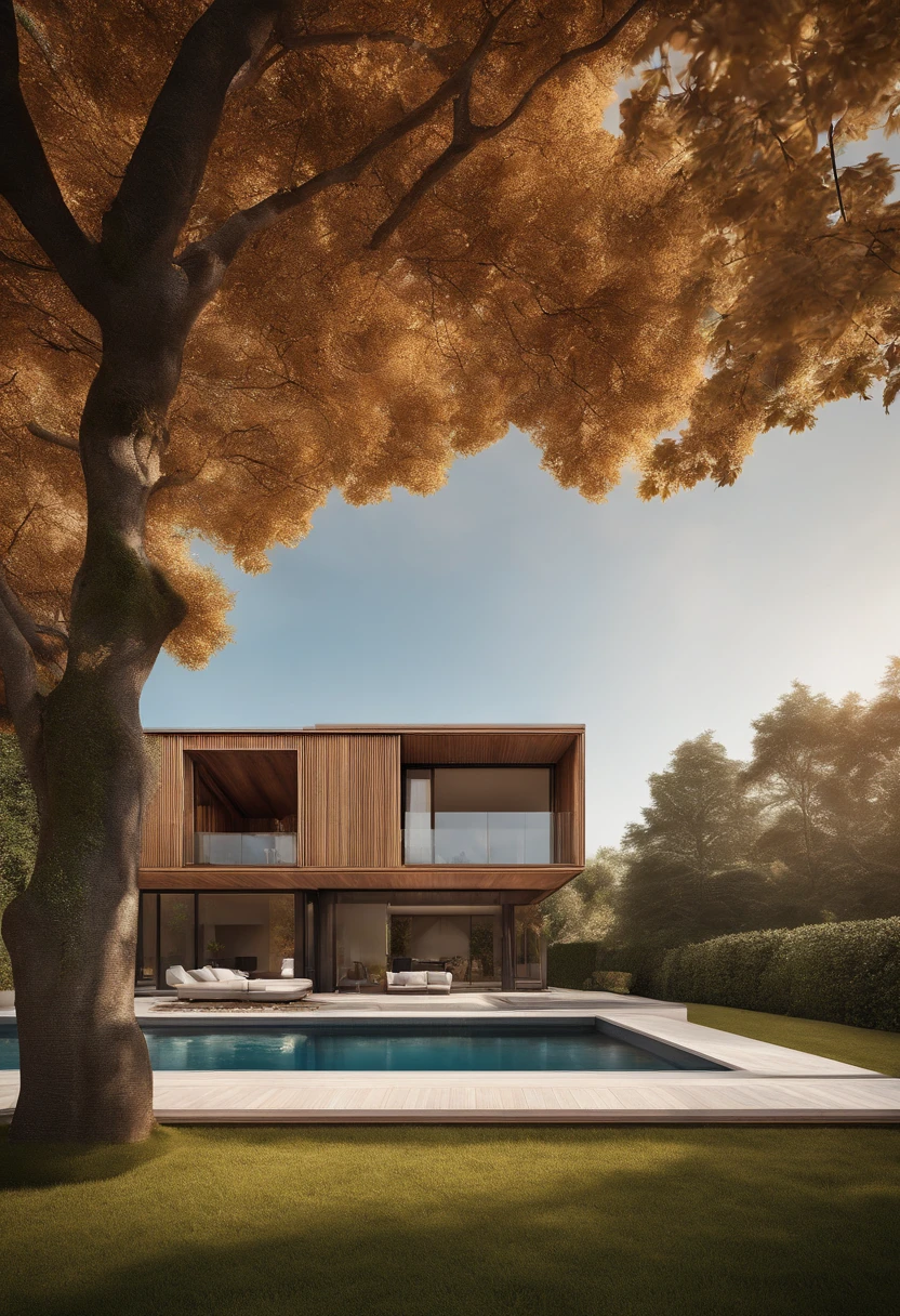 A modern house with a façade featuring sleek wooden panels and large glass windows, a spacious garage with a matching wooden door, surrounded by a well-manicured garden with vibrant flowers and neatly trimmed hedges, creating an inviting and luxurious atmosphere. The house is bathed in warm sunlight, casting soft shadows on the wooden details, while a gentle breeze rustles the leaves of nearby trees. The scene evokes a sense of contemporary elegance and tranquility. Photography, using a wide-angle lens (24mm) and a full-frame camera, capturing the richness of colors and textures, --ar 16:9 --v 5