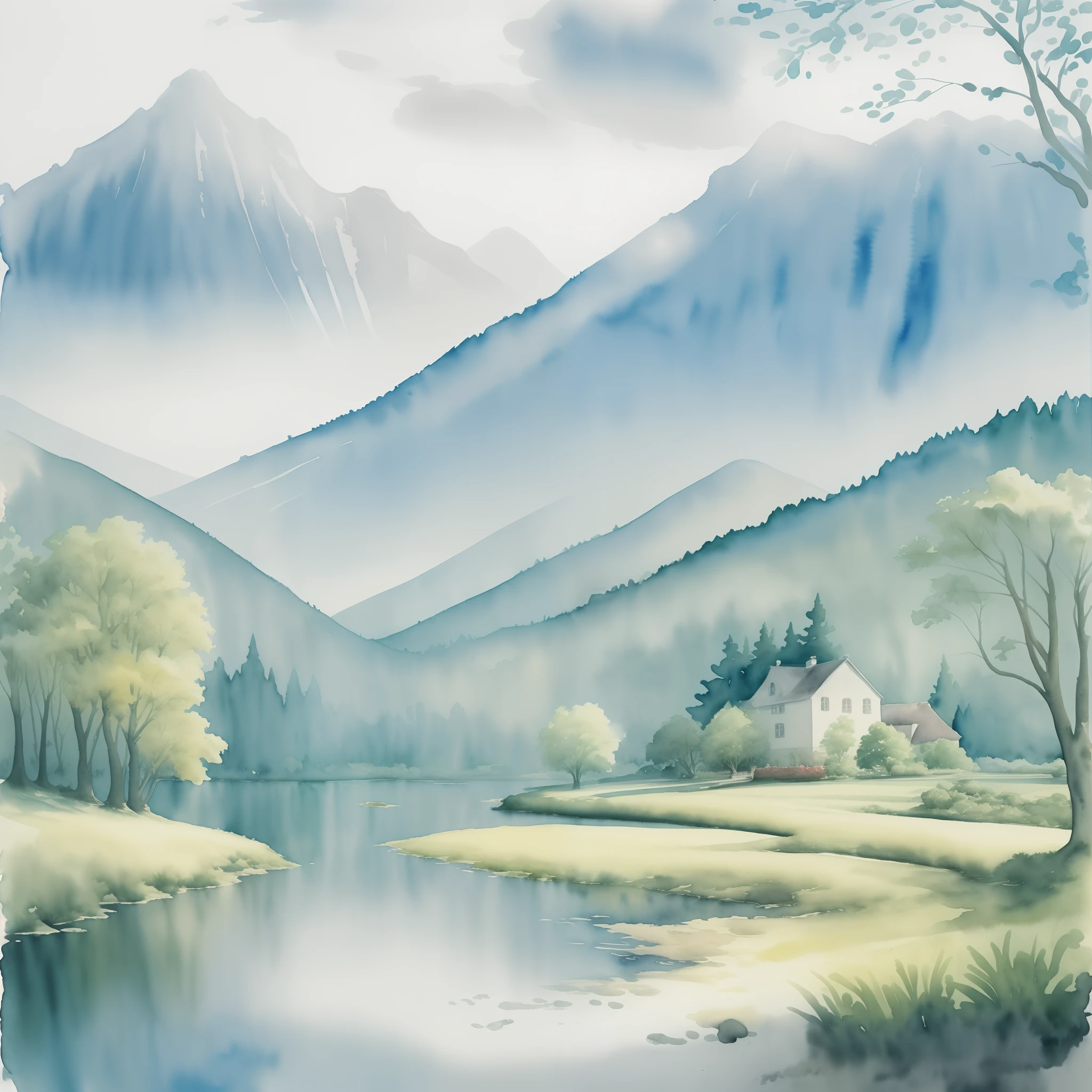 Watercolor of A very beautiful landscape, charming and picturesque, like a piece of art