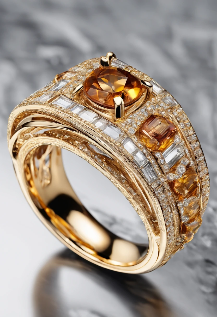 Close-up of the ring, 独奏,jewelry photography, chaumet style, gemstones and gold, amber jewelry,Transparent columnar base,Light,Dark tone photography,lightand shade contrast
