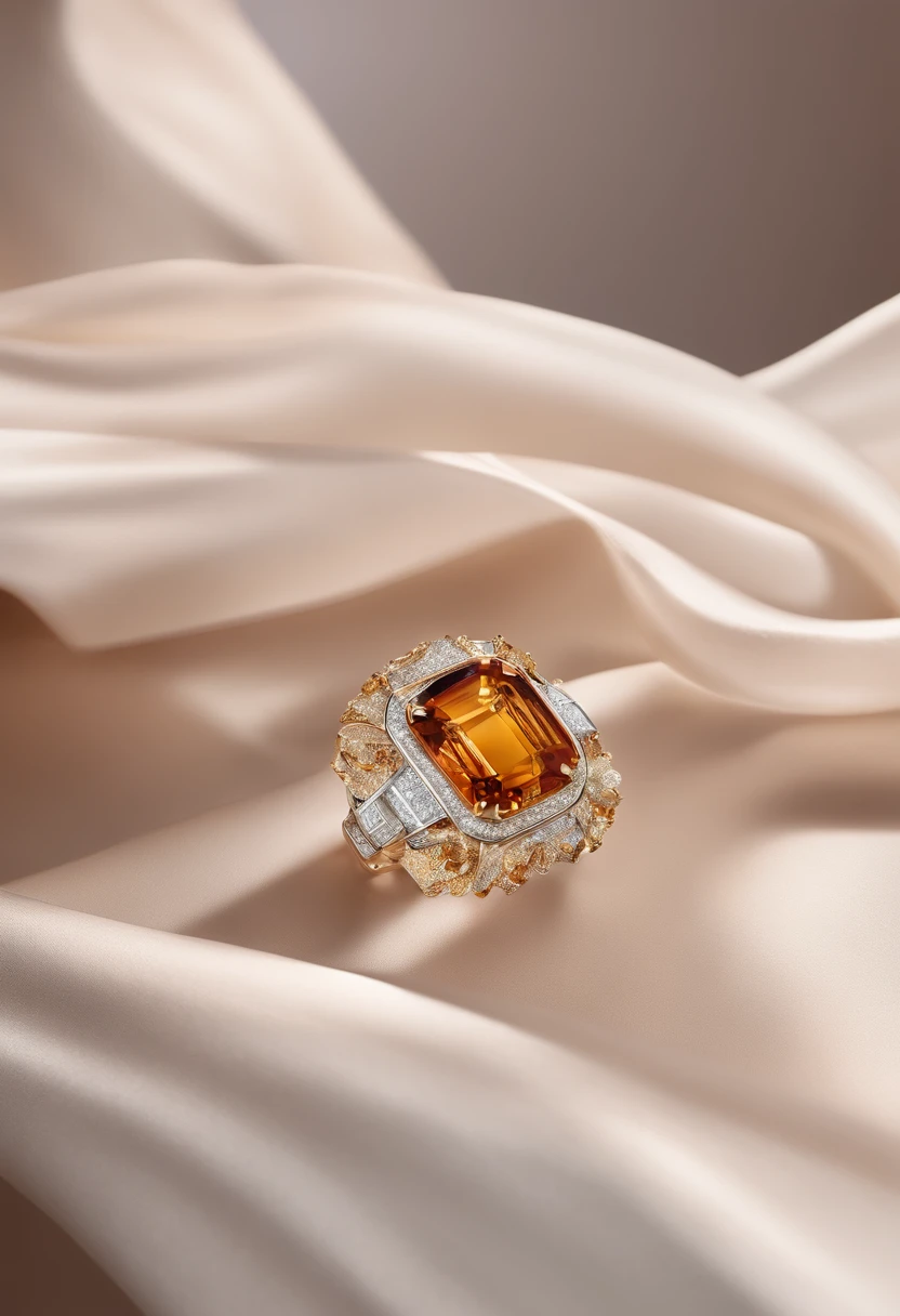 Close-up of the ring, 独奏,jewelry photography, chaumet style, gemstones and gold, amber jewelry,Transparent columnar base,Light,Dark tone photography,lightand shade contrast