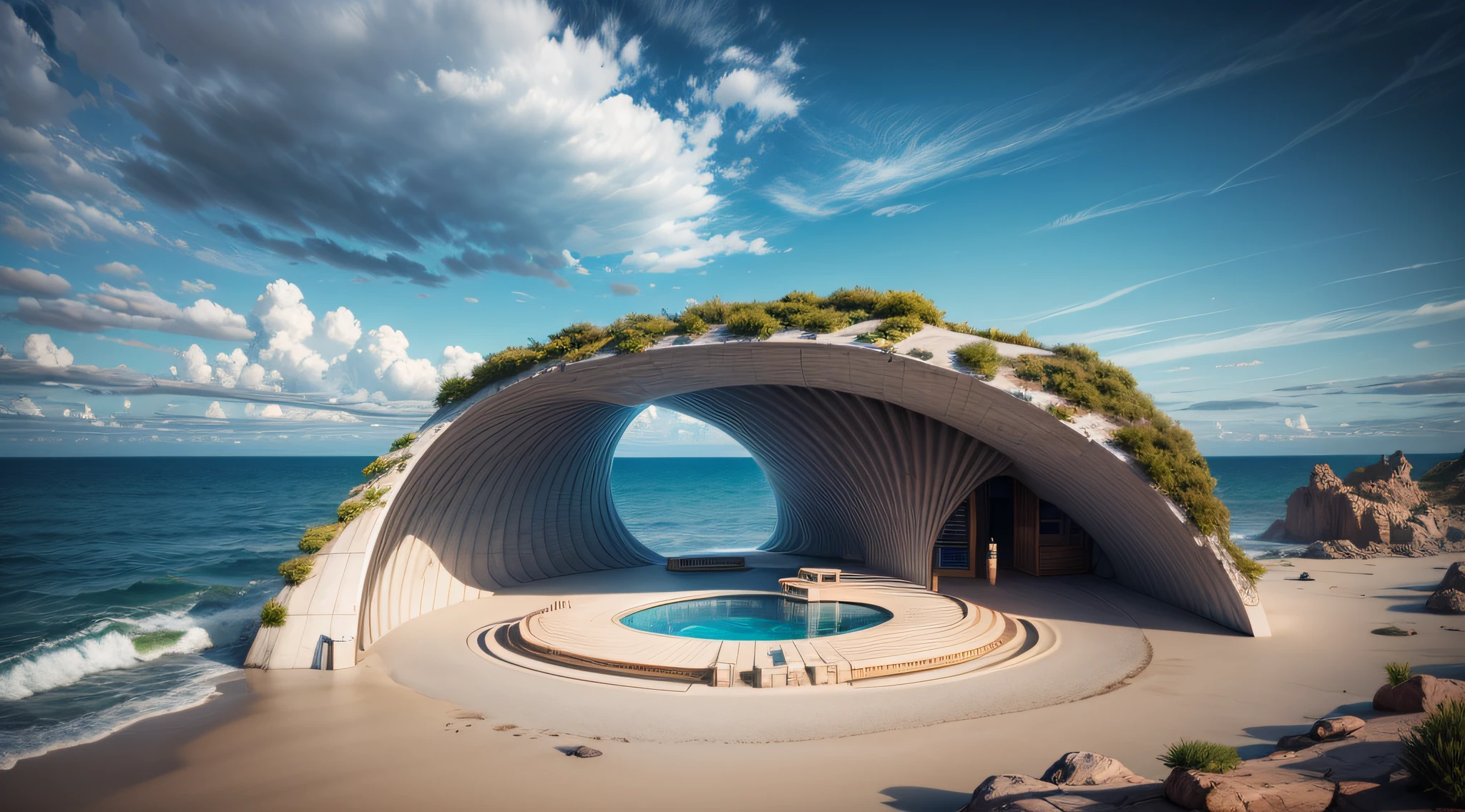 Make A Biomorphic Haus by a Wild Sea using ,best quality,4k,8k,highres,masterpiece:1.2,ultra-detailed,realistic:1.37,HDR,UHD