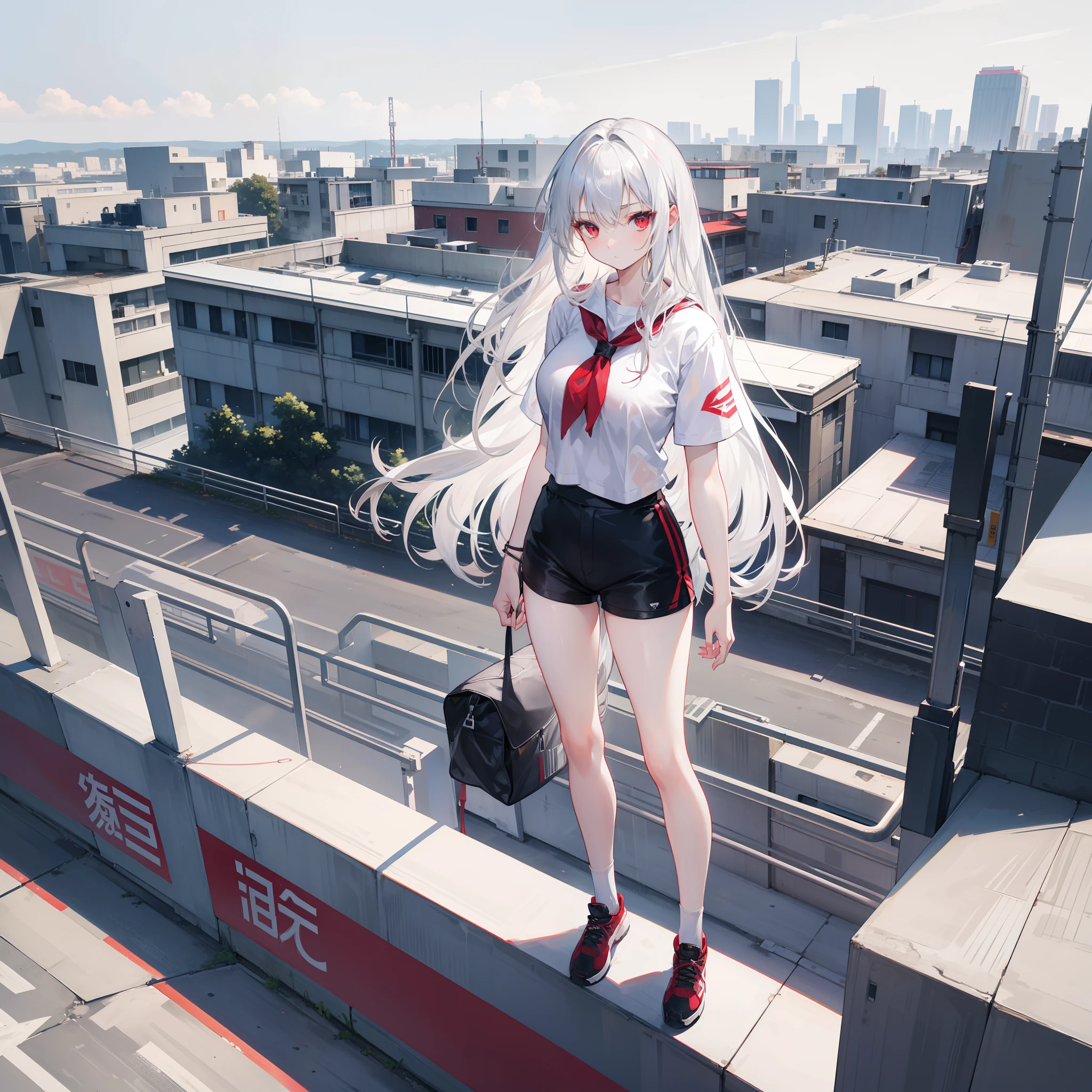 18 year old female, silver hair, red eyes, long hair, large breasts Wearing a white shirt and shorts, standing on the school rooftop.