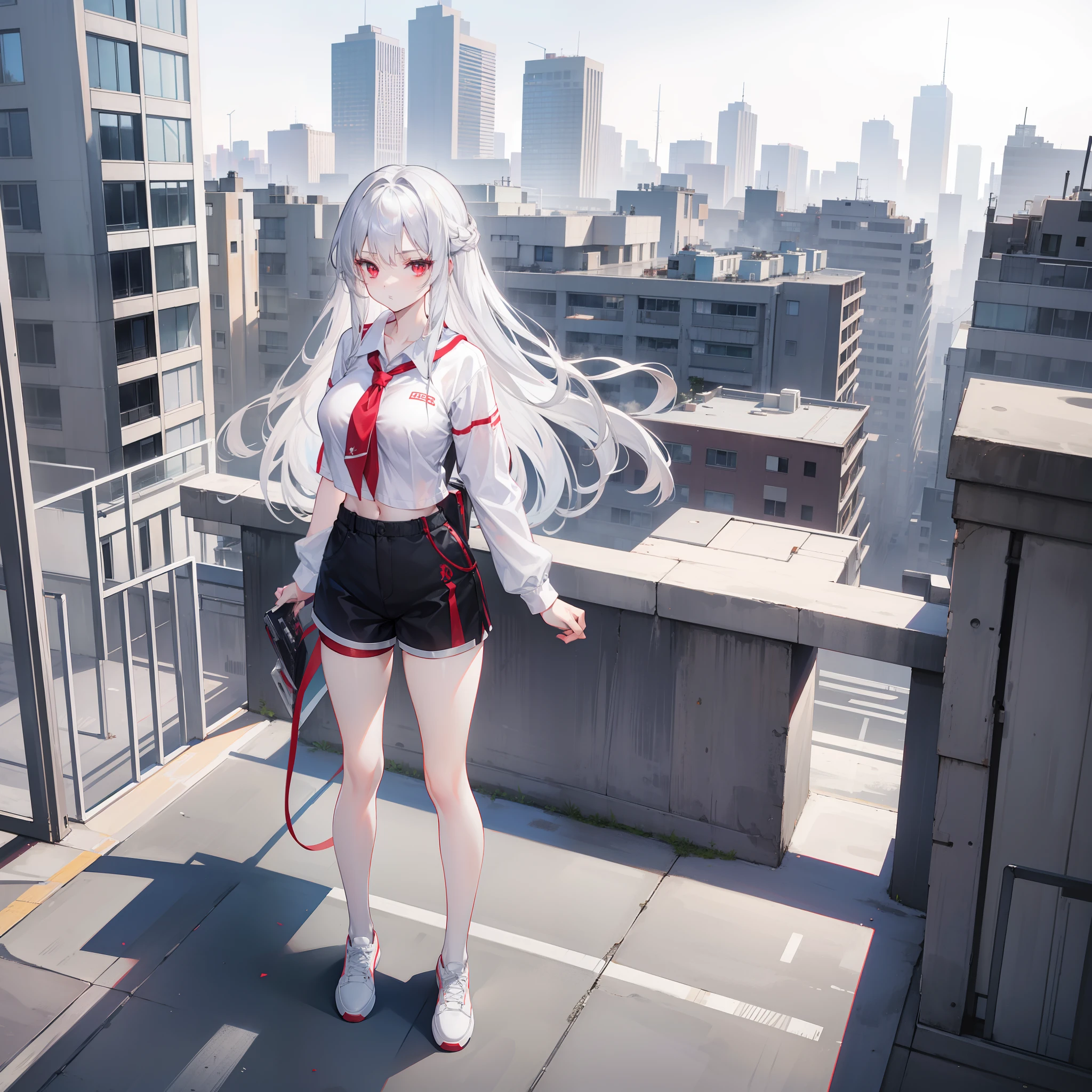 18 year old female, silver hair, red eyes, long hair, large breasts Wearing a white shirt and shorts, standing on the school rooftop.