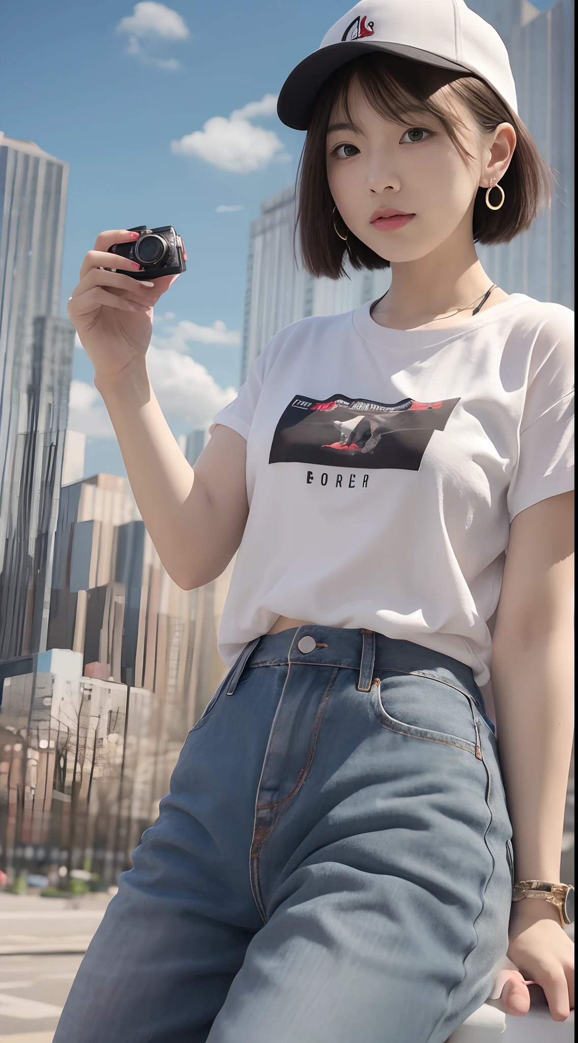 true to life,Photorealistic 1.5,((best qualtiy, 8K, tmasterpiece:1.3)),SLR camera (二重まぶた,largeeyes:1.3),(Korean female model 1.5),(Full body photo 1.5)(Female star 1.5)Clear focus 1.2, Perfect body beauty:1.4 , Delicate skin1.1,(short white hair 1.6),(Fashion watch 1.4),(Pure desire 1.3)(Black pantyhose 1.5)(Leg length 1.2 m 1.5),Slender legs,wear cap,White T-shirt,denim short,With earrings,bangle,On a hot air balloon,The sky is blue