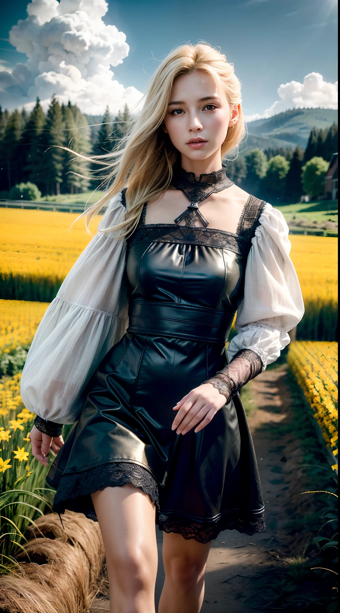 (realistic:1.3), finely detailed, quality, rembrandt lighting, (masterpiece:1.2), (photorealistic:1.2), (best quality), (detailed skin:1.3), (intricate details), dramatic, ray tracing, 1girl, american white girl, blonde hair, 21 years old, medium breasts, (Meadow, Sun, Clouds, Field, Farming, Starlight, Walking trail)