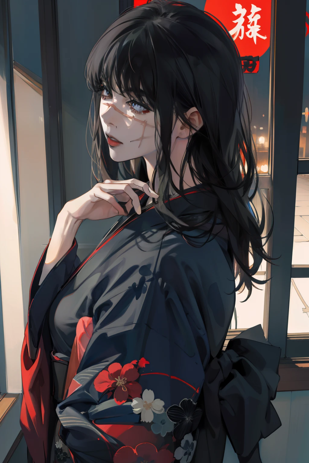 (masuter piece,Best Quality,Ultra-detailed),1girl in,A dark-haired,New Year in Yoru,kimono