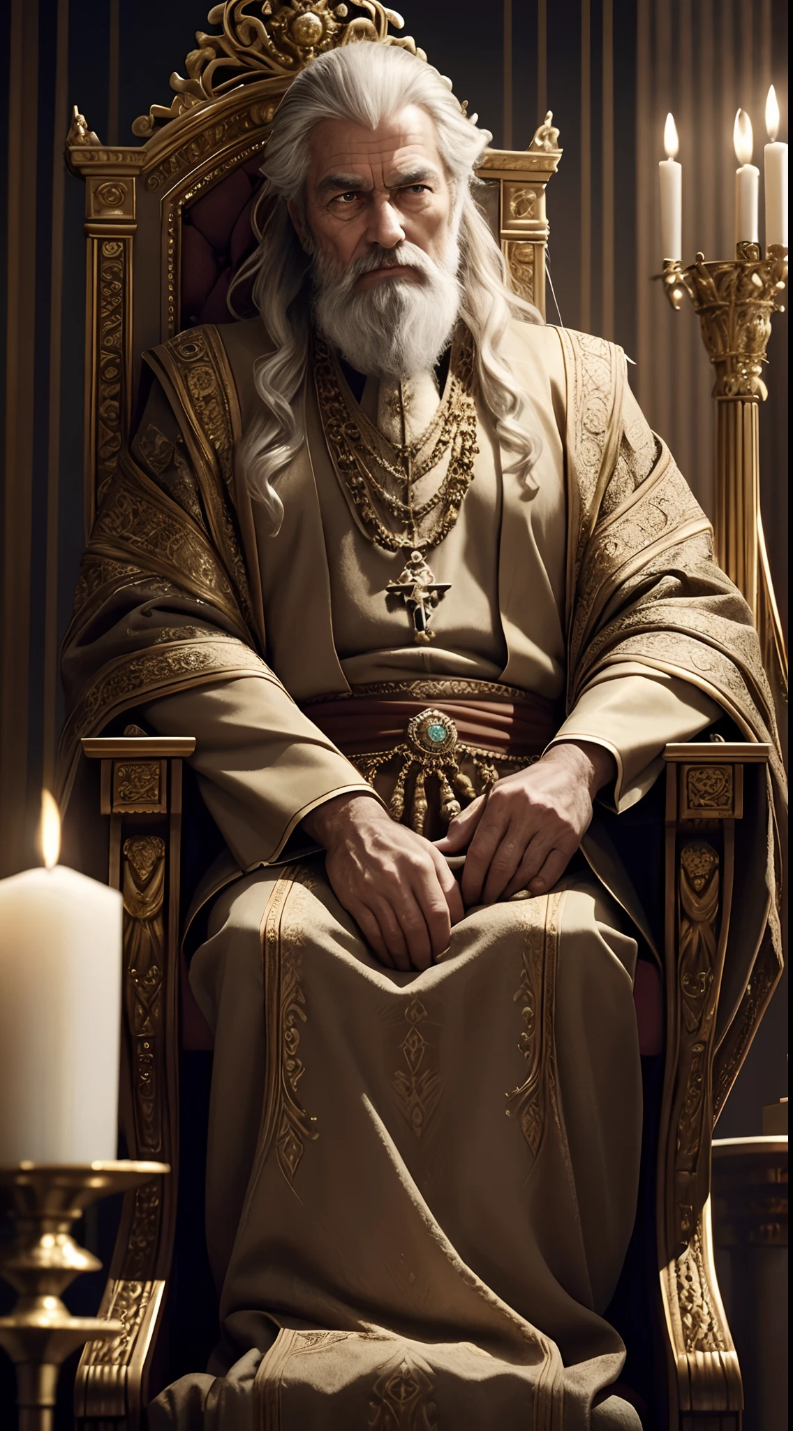 Create a highly detailed portrait of an aged royal gentleman, with graying beard and hair, seated with dignity on his royal throne. His hands hold an ornate scepter, a symbol of his power and leadership. His face is marked by deep wrinkles, each telling a story of years of wisdom and experience. The crown on his head is imposing, studded with gemstones that gleam in the soft light of the candles around the throne. The texture of his aged skin, the serene expression, and the upright posture reveal his authority and inner calm. The throne is richly decorated with carvings depicting key moments of his journey, and a luxurious carpet extends at his feet. Use warm and soft color tones to convey the gentleman's wisdom and maturity. Utilize gentle shadows to emphasize the distinctive features of his face and create a sense of depth, enhancing the presence of the royal surroundings.