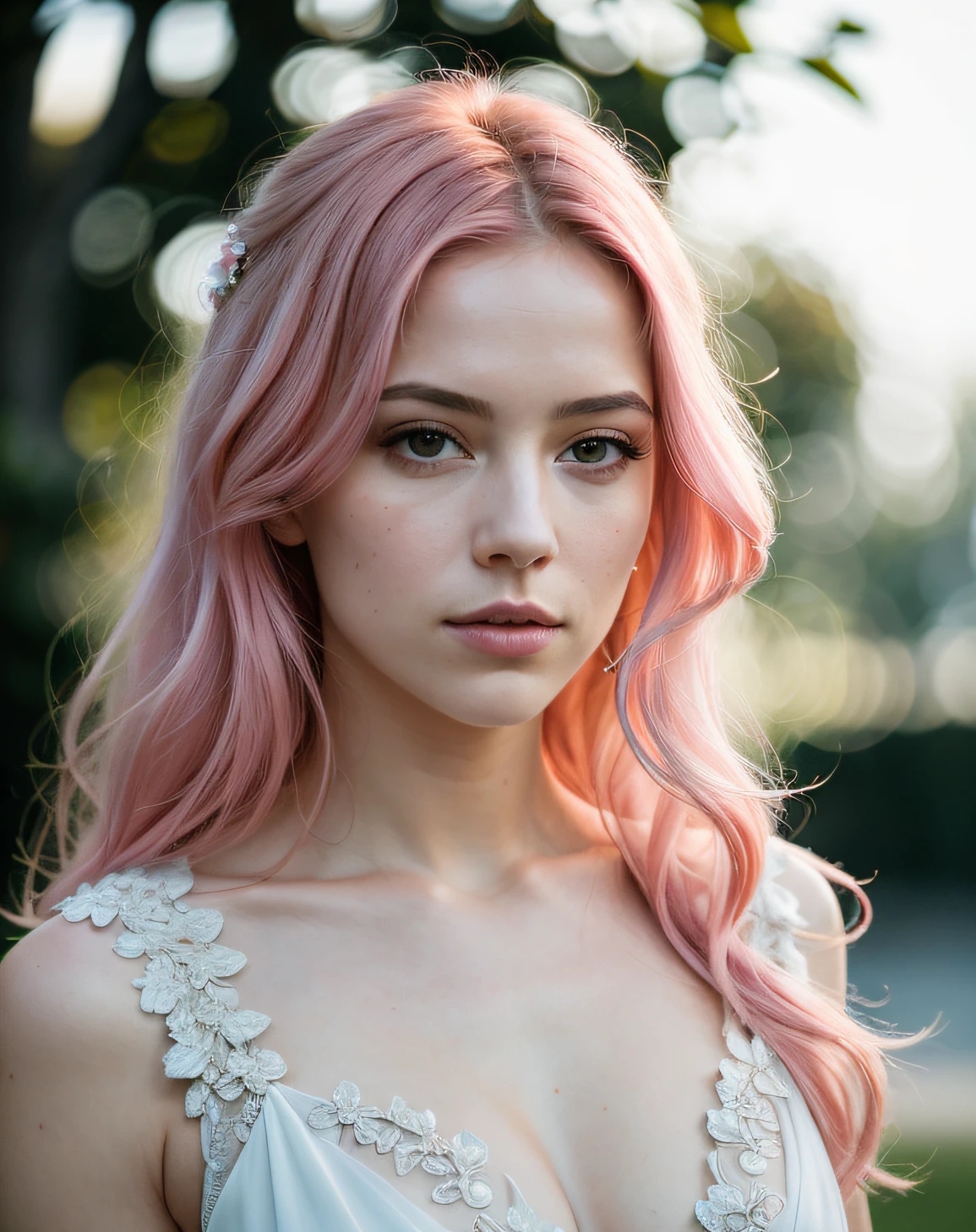 (Masterpiece), (extremely intricate:1.3),, (Realstic), Portrait d'une fille, la plus belle du monde pink hair, dehors, intense sunlight, professional photograph of a stunning woman detailed, mise au point nette, dramatique, award winning, lighting cinematic, Rendu octane, Moteur Unreal, volumetrics dtx, (grain du film, Bokeh, premier plan flou, blured background), crest on the chest