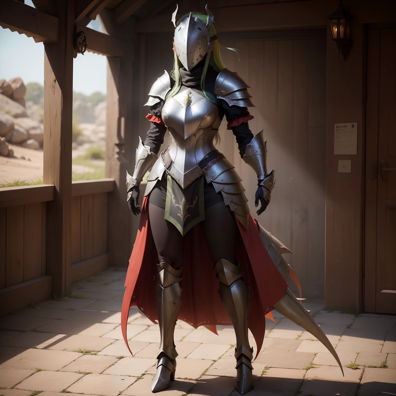 Full body portrait of a 25-year-old woman, usando una armadura de dragon, armadura color rojo con detalles dorados, cabello color verde, Let the armor reveal part of your body, muy detallado cg, textura detallada, hiperrealista, 8 k resolution, 32k resolution