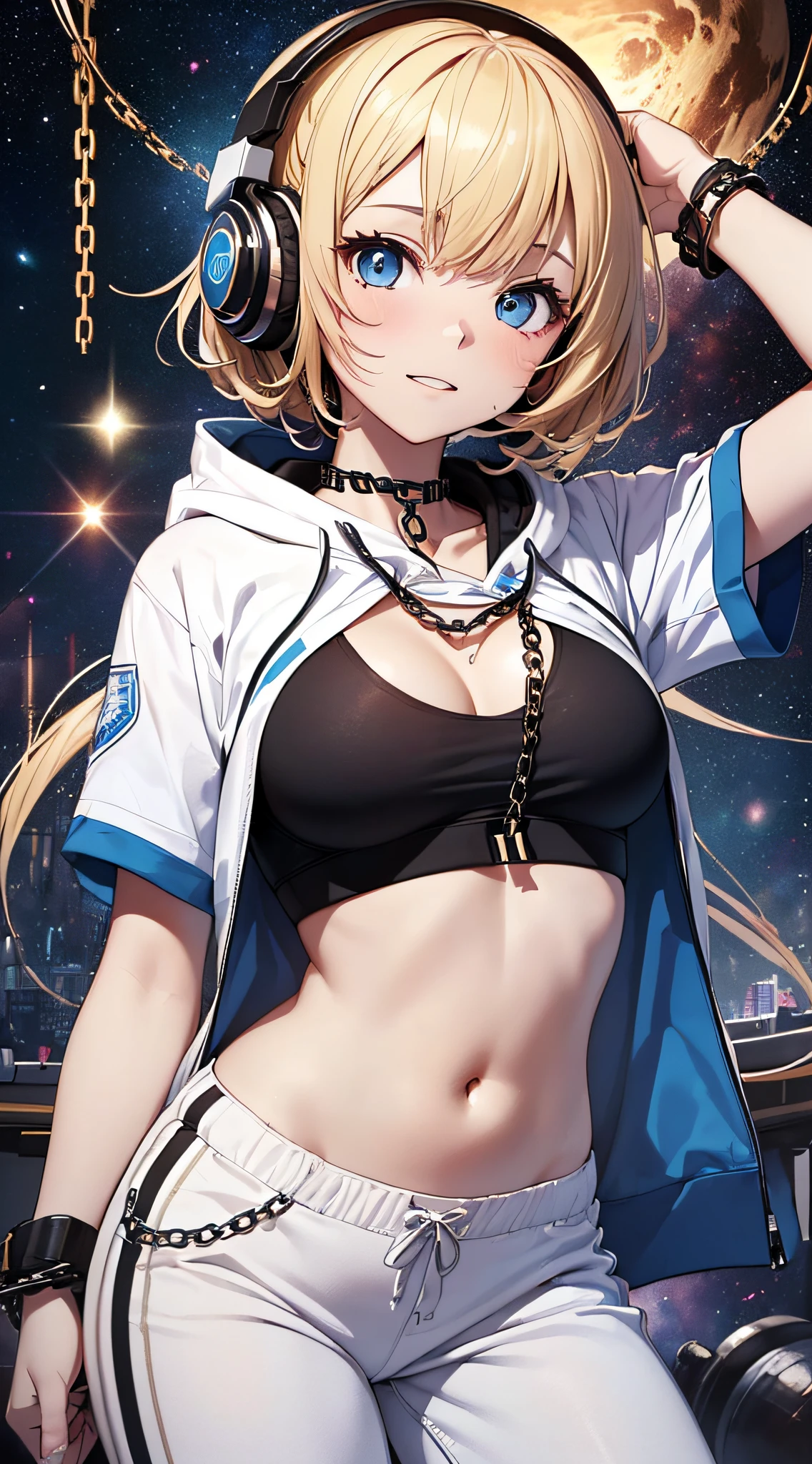 top-quality、Top image quality、masterpiece、girl with((18year old、Black navel exposes short sleeve hoodie、Sportsbra、White pants、Best Bust、Bust 90、a blond、Semi-long、Blue eyes、open chest wide、Happiness、Chain Accessories、Put on headphones、Cosmic Accessories、weightless、Raise your fist)hiquality、visualart、Background with(spaces、stele々、kosmos))、masutepiece、Best graphics、Super delicate