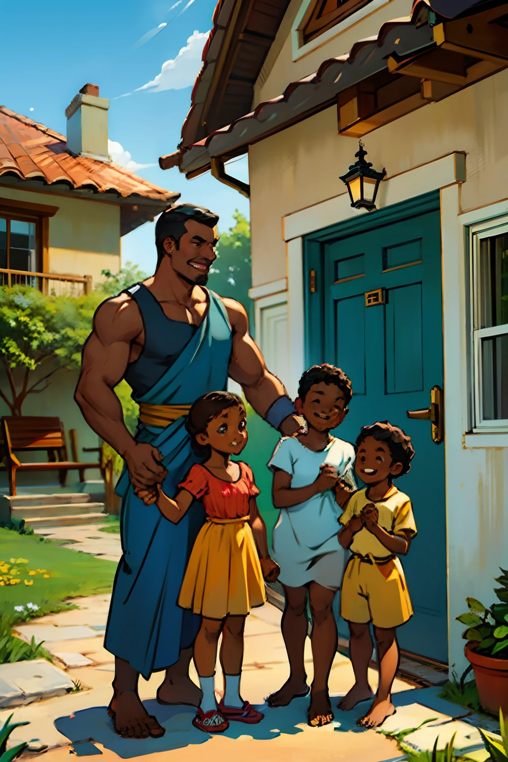 A happy dark skinned family, standing in front of a house, making friendly welcoming gestures, arms opened, hands waving, background a house, in summer, daytime light, mood is nurturing, nourishing, character design.
