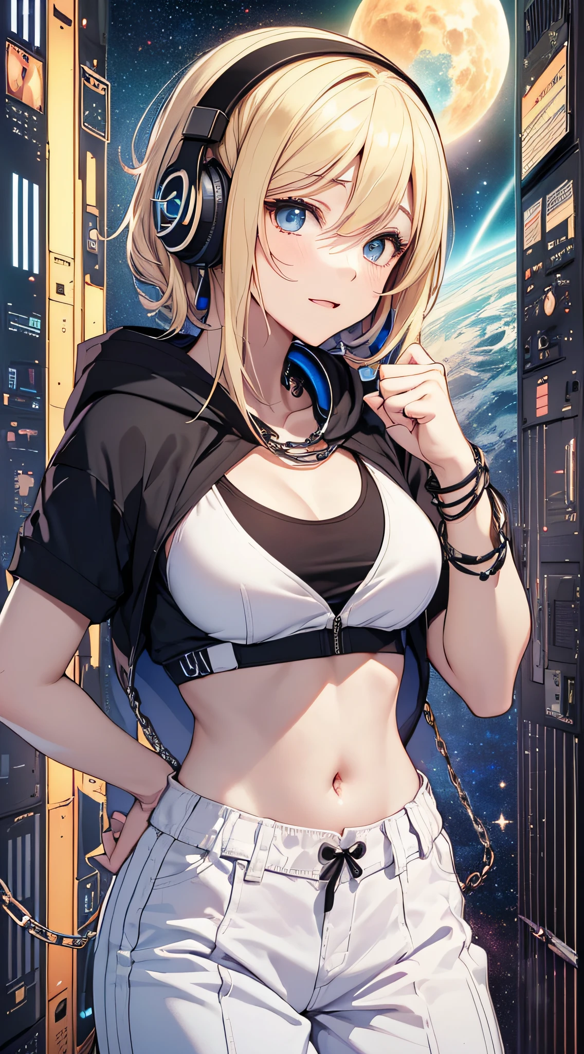 top-quality、Top image quality、​masterpiece、girl with((18year old、Black navel exposes short sleeve hoodie、Sportsbra、White pants、Best Bust、Bust 90、a blond、Semi-long、Blue eyes、open chest wide、Happiness、Chain Accessories、Put on headphones、Cosmic Accessories、weightless、Raise your fist）hiquality、visualart、Background with(spaces、stele々、kosmos))、masutepiece、Best graphics、Super delicate