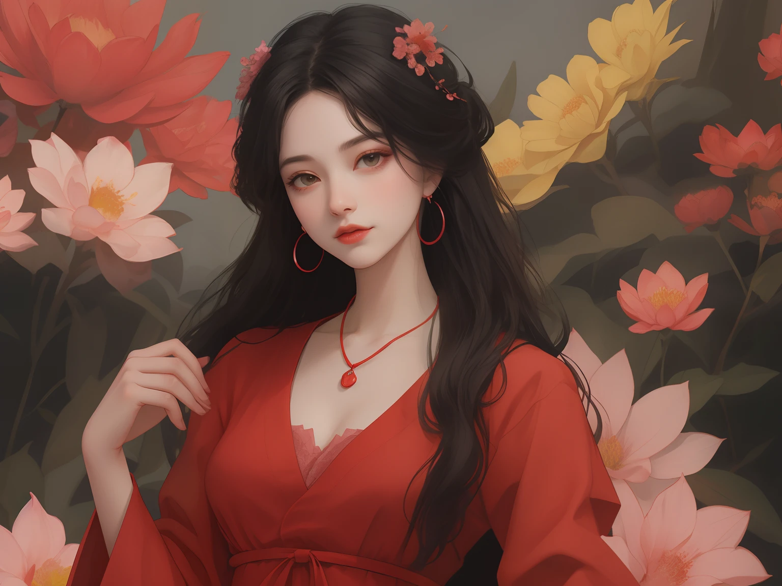 1 flat-chested girl,avatar close up,Black color hair,floated hair,Hazy beauty,Extremely beautiful facial features,Red embroidered tulle dress,with a hairpin on her head,Lying in pink flowers,Surrounded by flowers,Perfect anatomy,(Skinny figure,flatchest),White flowers,(springtime, Rainy days, terraced, mountain ranges), Simple vector art, Contemporary Chinese art, the soft light,Overlooking