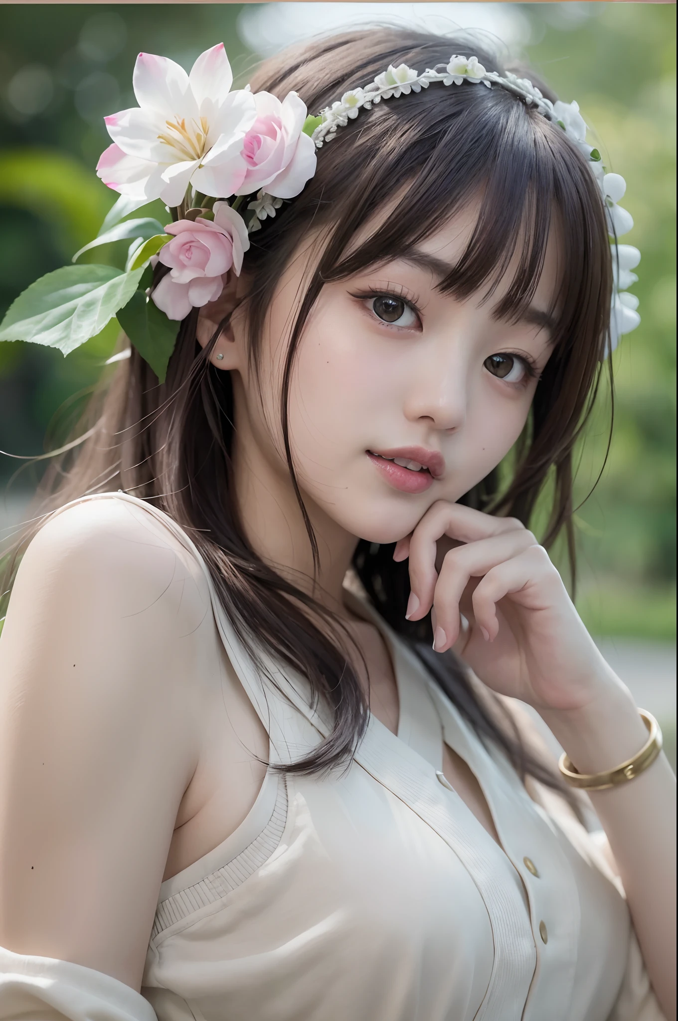 Focus on people。Create and express the best shining composition of the person in a realistic way。((masterpiece))、(((top-quality)))、((ultra-detailliert))、(A hyper-realistic)、(highly detailed CGillustration)、(extremely delicate and beautiful)、Girl a masterpiece、top-quality、Realistic skin feeling、Realistic fabric、We will introduce a realist illustration focusing on the center front of girls with realistic and ultra-detailed eyes.。This is the absolute rule, and the following sentence expresses the image quality。 The greatest painter in human history meets an unparalleled beauty、It is the greatest masterpiece in the history of the Inuiku Ichigo, which depicts the most beautiful figure of a lifetime.。 Create stunning anime artwork that is currently trending on seaStation、Introducing exquisite beauty and seductive aesthetics。Hair is tied up、White pesant dress with detailed floral embroidery、The background is outdoors