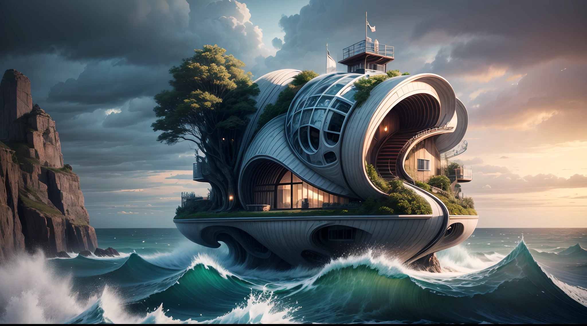 Make A Biomorphic Haus by a Wild Sea using ,best quality,4k,8k,highres,masterpiece:1.2,ultra-detailed,realistic:1.37,HDR,UHD