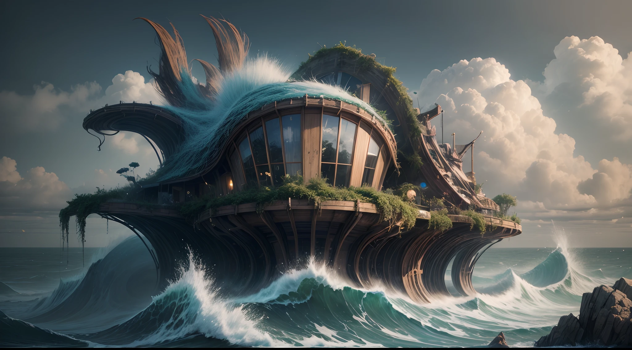 Make A Biomorphic Haus by a Wild Sea using ,best quality,4k,8k,highres,masterpiece:1.2,ultra-detailed,realistic:1.37,HDR,UHD