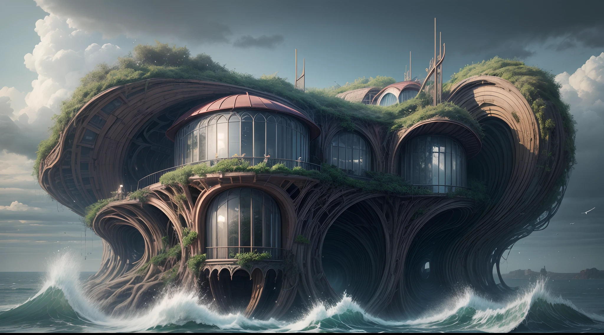 Make A Biomorphic Haus by a Wild Sea using ,best quality,4k,8k,highres,masterpiece:1.2,ultra-detailed,realistic:1.37,HDR,UHD