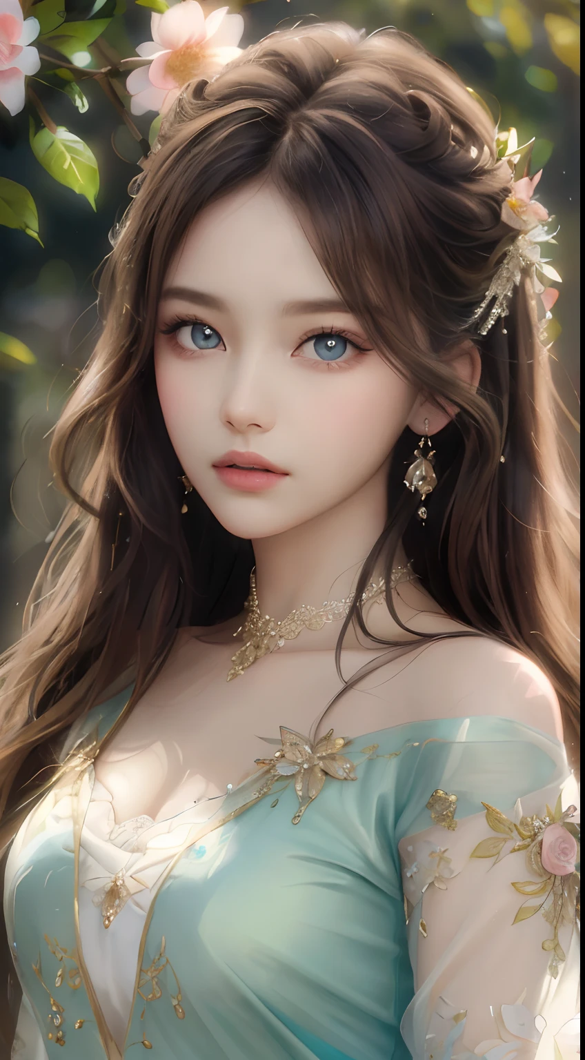 best qualtiy,tmasterpiece,hight resolution,1girll,dingdall effect,realisticlying,edge lit,two tone lighting,(highdetailskin:1.2),8K UHD,pure,Dolce,flowers background,Colorful background,Based on physical rendering,Perfect Light and Shadow,extreme hight detail,Pink tones,eye reflections,Raised sexy,perfect bodies,Superb Beauty,largeeyes,long eyelasher,Delicate eyes,big shiny eyes,Minor pupil reflex,Shoulder and neck details,The texture of the pupil is delicate,Perfect eyes,black pupils,best qualtiy,tmasterpiece,16 K,a picture,head portrait,Bigchest,long-sleeve,Take care of your chest,Large breasts,Delicate avatars