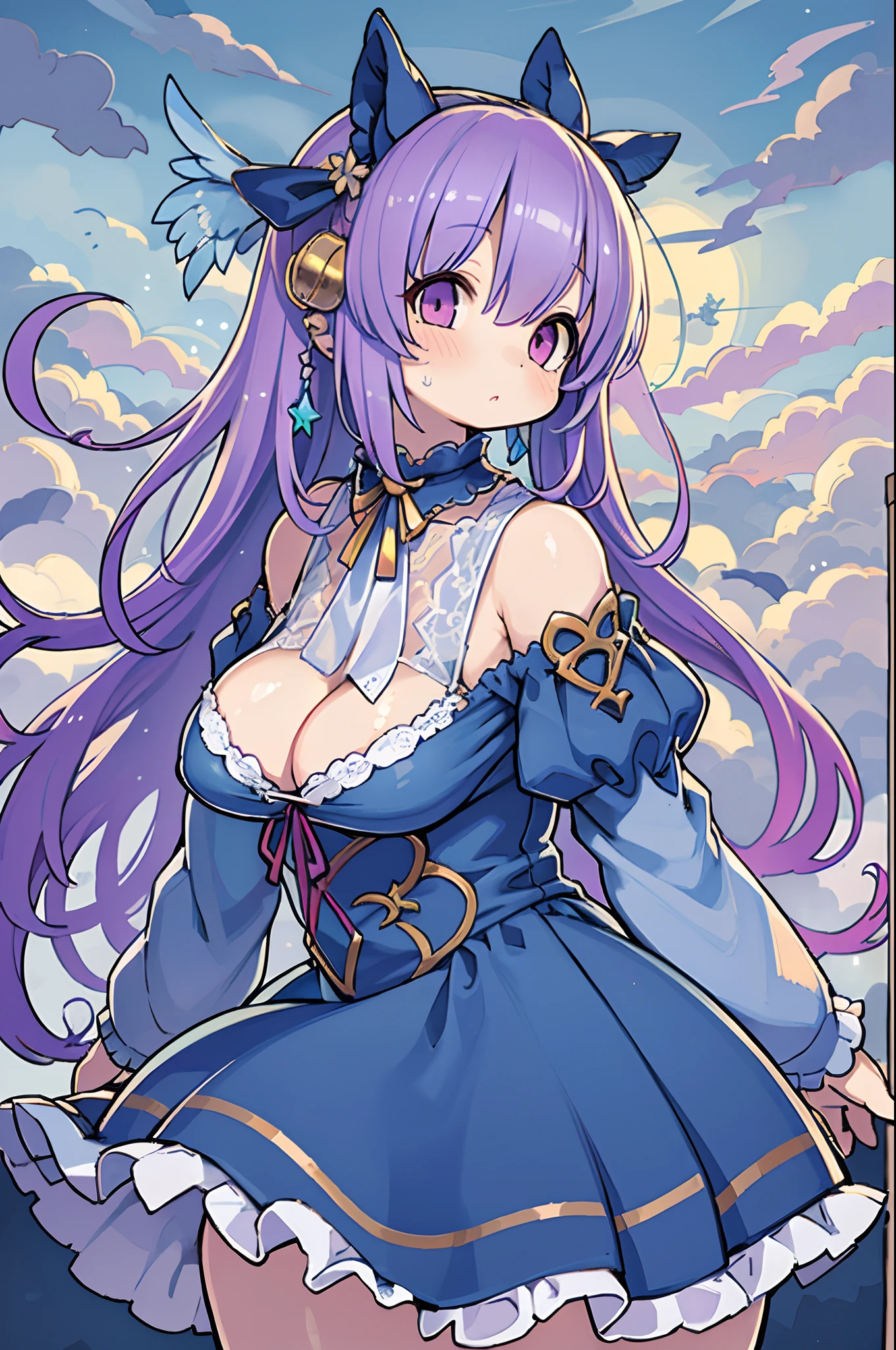 (Extremely detailed, Best Quality), floating, A very delicate and beautiful dreamlike scene,, , [(1girl in),(long purple hair), Detailed face, Neck ribbon, elegant blue dress, Stand on the clouds, (Wide Shot), (Mysterious atmosphere):1.5],, , [(Butterfly wings),(Fluffy cat),(Bouquet of flowers),(fairytale), (Sunshine),(Soft light),(Pastel colors),(Glitter):0.8]