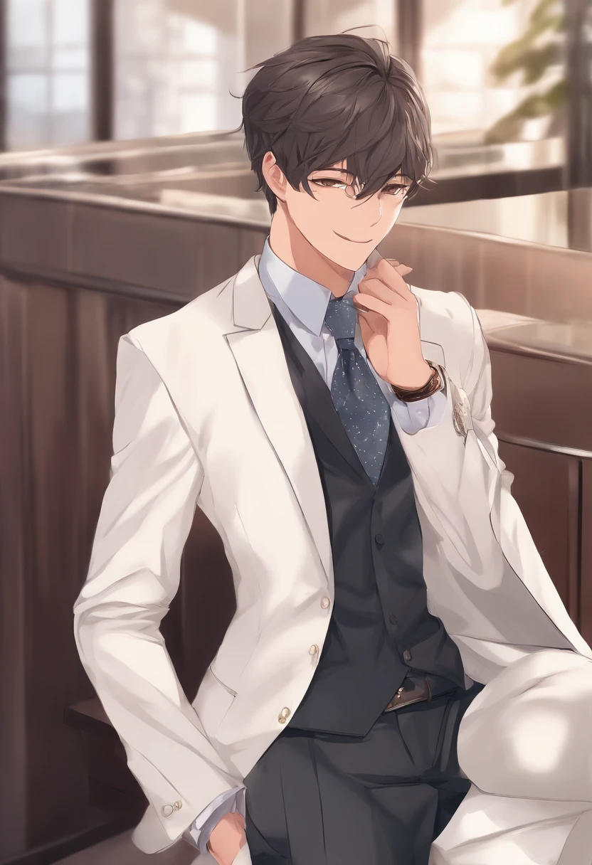Man in a suit, salaryman,30-years old、gentle face、a smile、Frontal peeling、Detailed Digital Anime Art,digital anime art,High quality anime art style