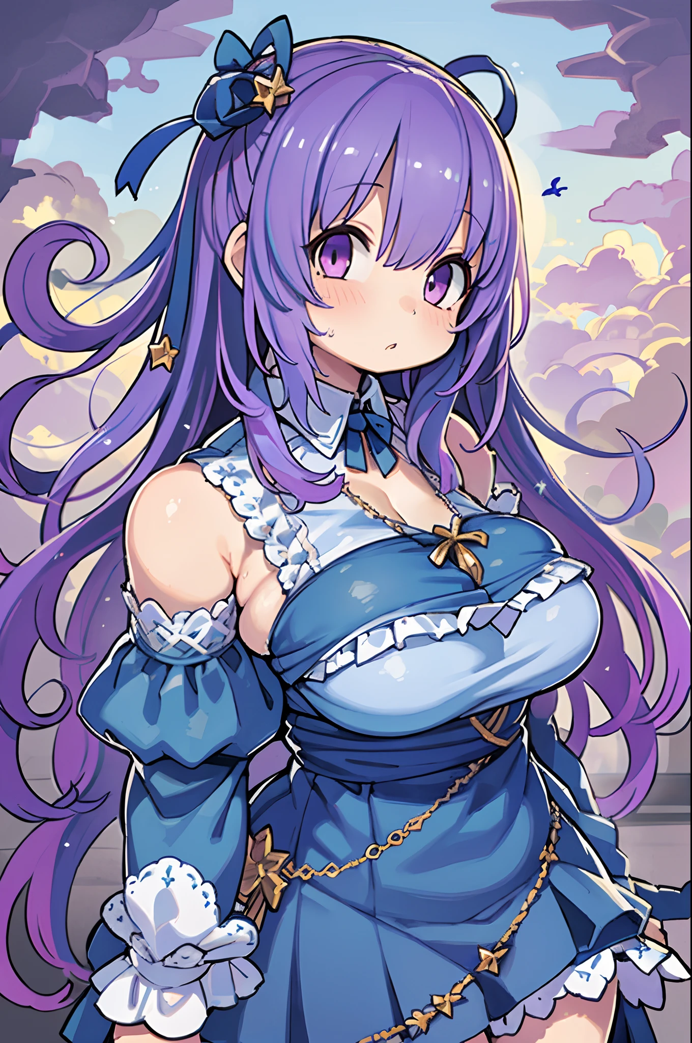 (Extremely detailed, Best Quality), floating, A very delicate and beautiful dreamlike scene,, , [(1girl in),(long purple hair), Detailed face, Neck ribbon, elegant blue dress, Stand on the clouds, (Wide Shot), (Mysterious atmosphere):1.5],, , [(Butterfly wings),(Fluffy cat),(Bouquet of flowers),(fairytale), (Sunshine),(Soft light),(Pastel colors),(Glitter):0.8]