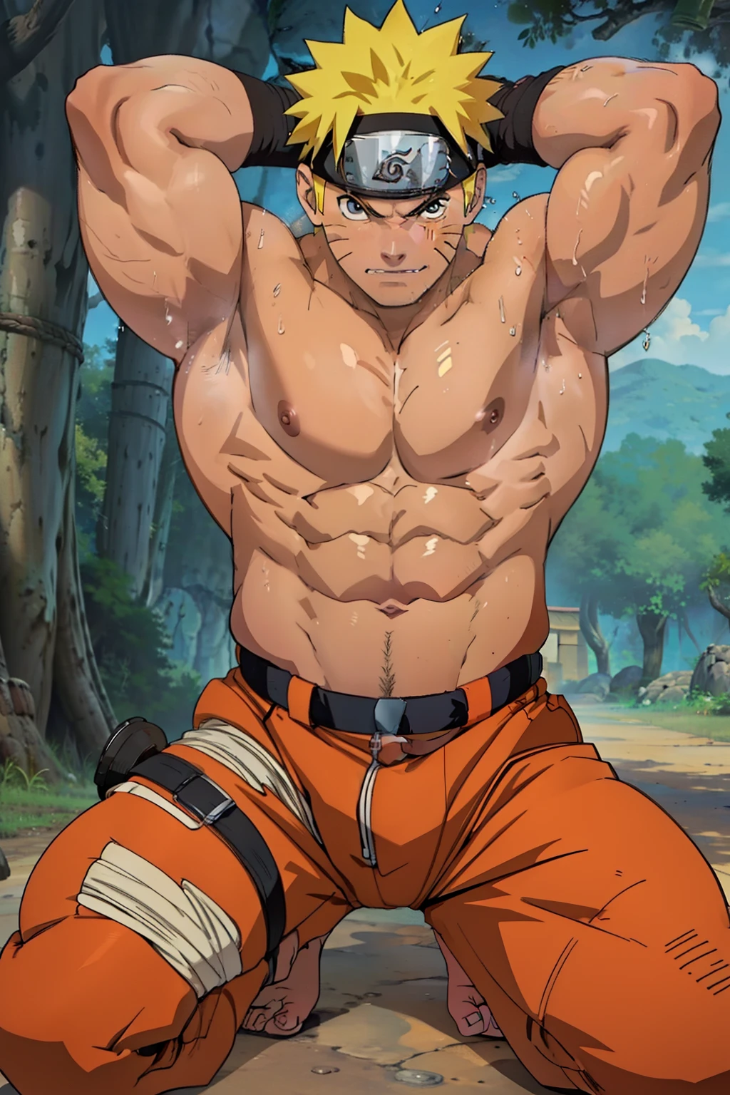 ( Huge and muscular thigh muscles)  uzumaki Naruto, lots of sweat flowing down, topless, shirtless, sunny, shiny skin, tanned skin,bodybuilder, huge body,huge, sexy muscular body,super giant body, muscles exploding and muscular,huge, muscular chest muscles, huge, muscular biceps,cute baby face, lying down in a comfortable position