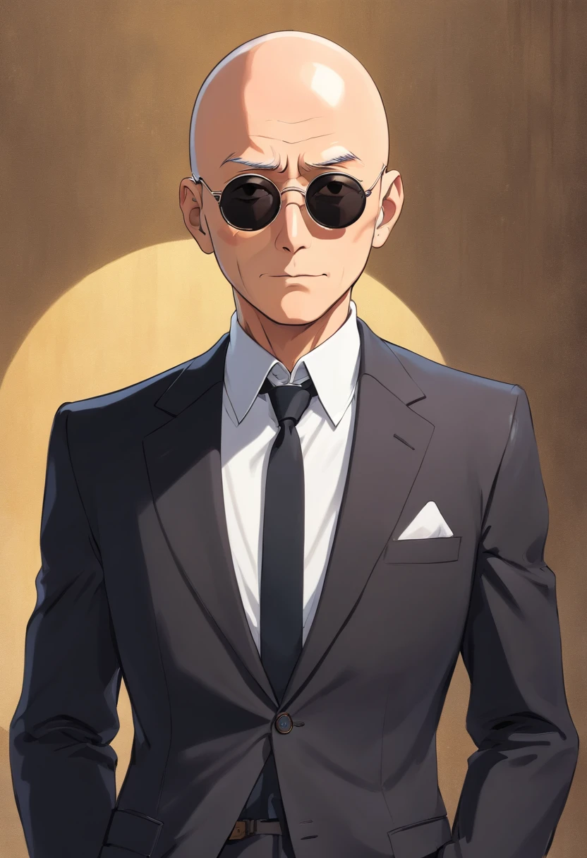 man,Tall slim sexy bald man in elegant black suit and black sunglasses