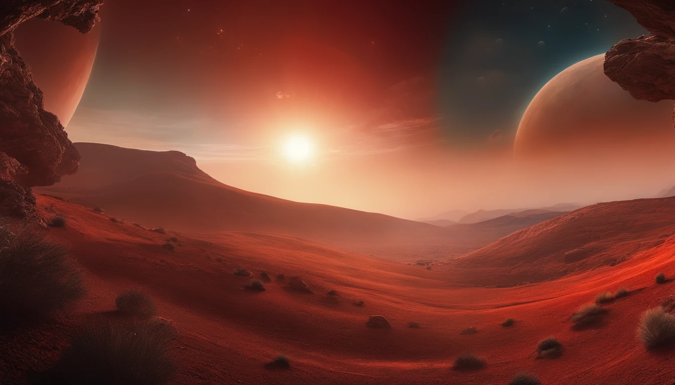 a space art Galactic Landscape, Costa, sky with big red planet , arte conceitual, vetor, alta qualidade, Visualizando grandes detalhes, Motor irreal, octane rendering, ultra alta qualidade, ultra high-resolution, surreal, Cor Correta, Good Lighting Settings, good composition, bordas afiadas, harmonious composition, ultra precise, master part, trabalho premiado, Plantas definidas, perfect composition, planeta circular bem definido, carro futurista em frente a paisagem
