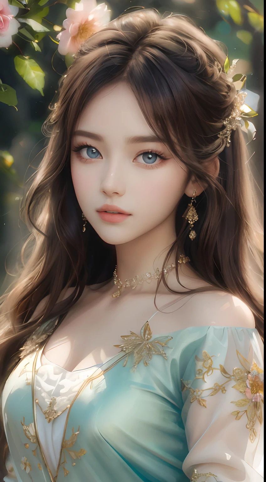 best qualtiy,tmasterpiece,hight resolution,1girll,dingdall effect,realisticlying,edge lit,two tone lighting,(highdetailskin:1.2),8K UHD,pure,Dolce,flowers background,Colorful background,Based on physical rendering,Perfect Light and Shadow,extreme hight detail,Pink tones,eye reflections,Raised sexy,perfect bodies,Superb Beauty,largeeyes,long eyelasher,Delicate eyes,big shiny eyes,Minor pupil reflex,Shoulder and neck details,The texture of the pupil is delicate,Perfect eyes,black pupils,best qualtiy,tmasterpiece,16 K,a picture,head portrait,Bigchest,long-sleeve,Take care of your chest,Large breasts,Delicate avatars