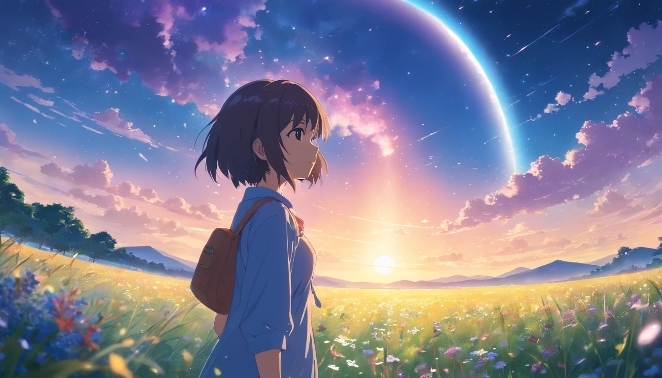 Makoto Shinkai, Expansive landscape photograph , (View from below,Displays the sky above and the clearing below), a girl standing on flower field looking up, (full moon:1.2), ( meteors:0.9), (Starcloud:1.3), Far Mountain, Tree BREAK Production Art, (Warm light source:1.2), (Firefly:1.2), lamp lights, Lots of purple and blue, Intricate details, Volumetric lighting BREAK (Masterpiece:1.2), (Best quality), 4K, Ultra-detailed, (Dynamic composition:1.4), Highly detailed, Colorful details,( Iridescent colors:1.2), (luminouslighting, Atmospheric lighting), Dreamy, magical, (Solo:1.2)