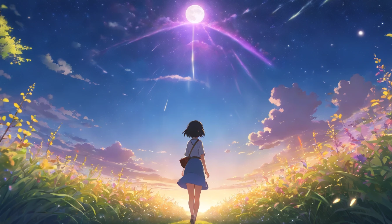 Makoto Shinkai, Expansive landscape photograph , (View from below，Displays the sky above and the clearing below), a girl standing on flower field looking up, (full moon:1.2), ( meteors:0.9), (Starcloud:1.3), Far Mountain, Tree BREAK Production Art, (Warm light source:1.2), (Firefly:1.2), lamp lights, Lots of purple and blue, Intricate details, Volumetric lighting BREAK (Masterpiece:1.2), (Best quality), 4K, Ultra-detailed, (Dynamic composition:1.4), Highly detailed, Colorful details,( Iridescent colors:1.2), (luminouslighting, Atmospheric lighting), Dreamy, magical, (Solo:1.2)