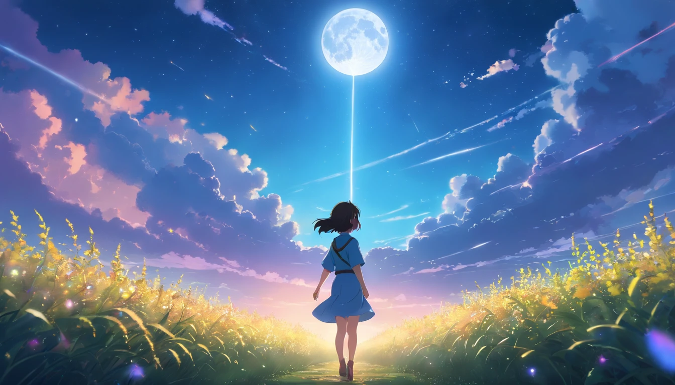 Makoto Shinkai, Expansive landscape photograph , (View from below,Displays the sky above and the clearing below), a girl standing on flower field looking up, (full moon:1.2), ( meteors:0.9), (Starcloud:1.3), Far Mountain, Tree BREAK Production Art, (Warm light source:1.2), (Firefly:1.2), lamp lights, Lots of purple and blue, Intricate details, Volumetric lighting BREAK (Masterpiece:1.2), (Best quality), 4K, Ultra-detailed, (Dynamic composition:1.4), Highly detailed, Colorful details,( Iridescent colors:1.2), (luminouslighting, Atmospheric lighting), Dreamy, magical, (Solo:1.2)