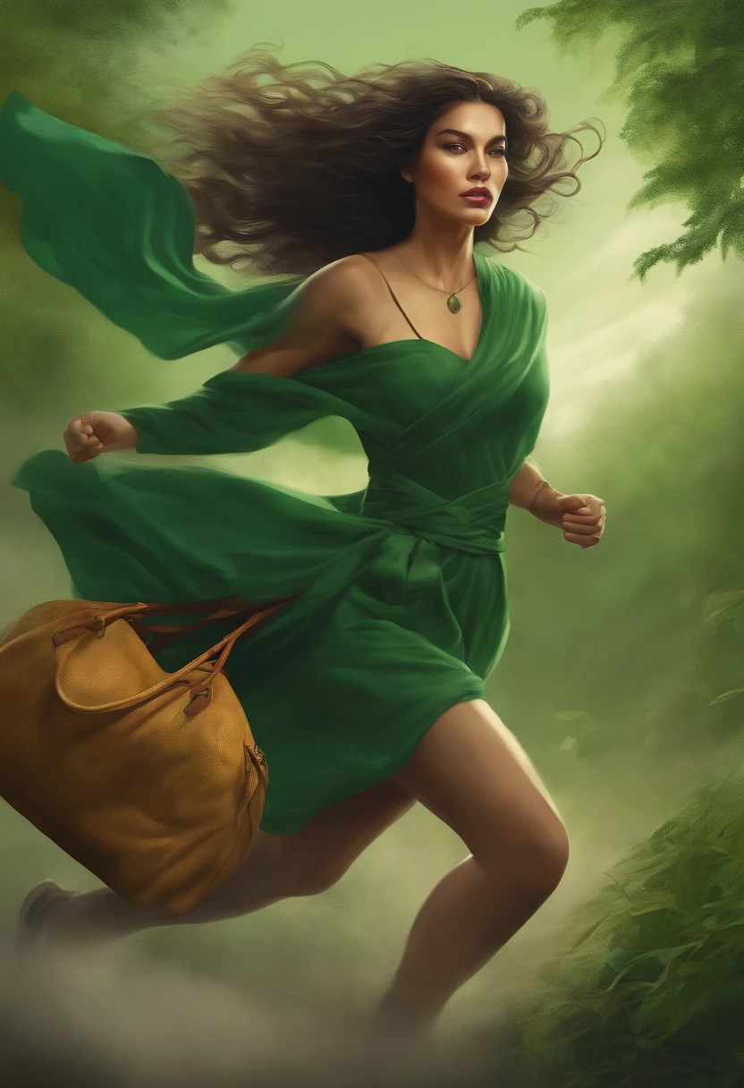 Female thief running with a big bag、Strong winds blow、Green image、naturey、Tarot-style illustration