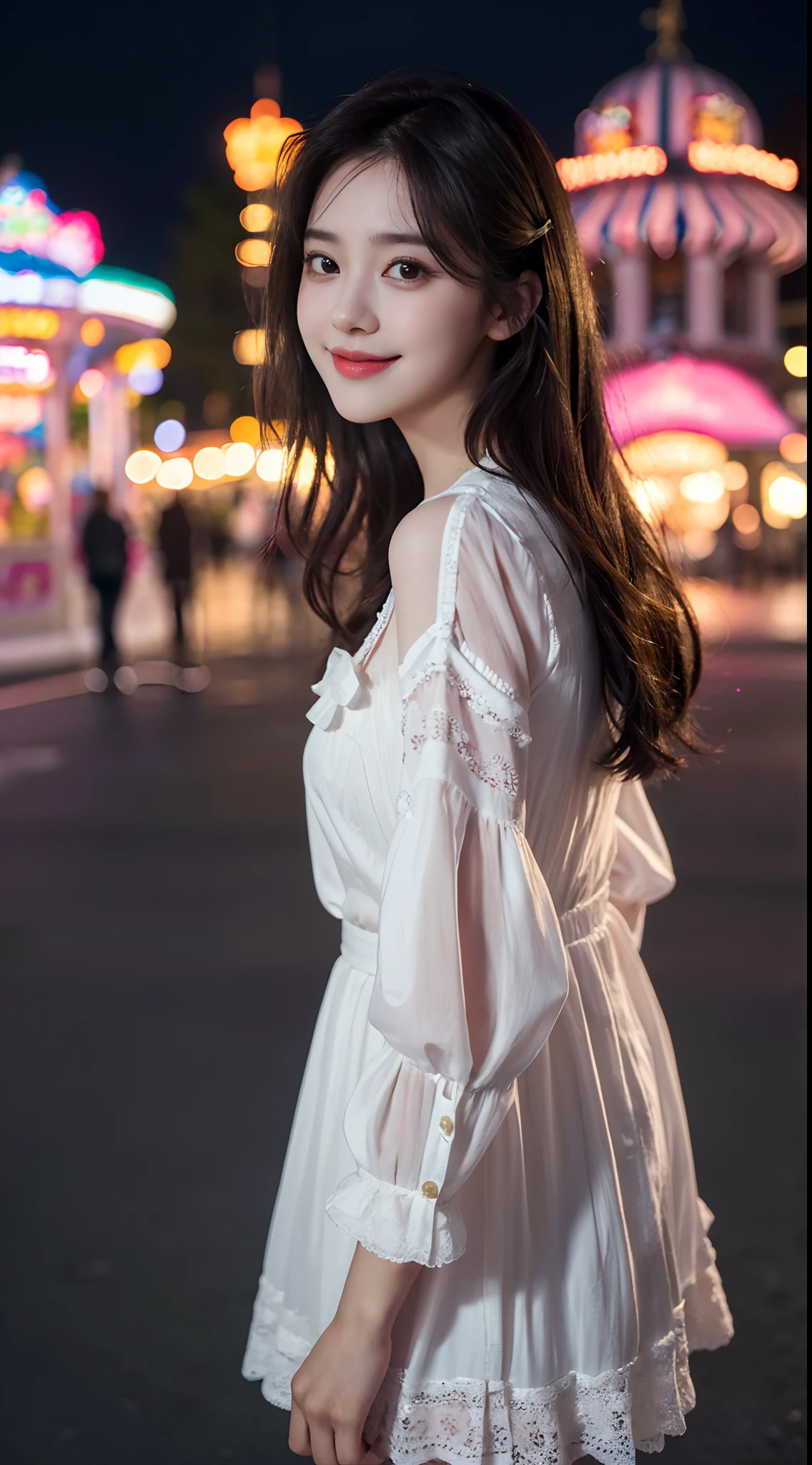 1girl, solo,mix4, (realistic:1.1), (photorealistic:1.1), (masterpiece:1.1), (best quality:1.1), ultra detailed, looking at viewer, smile,sweet_ta,standing , natural lighting, depth of field, (pureerosface_v1:0.8), amusement park in the background,(night),.