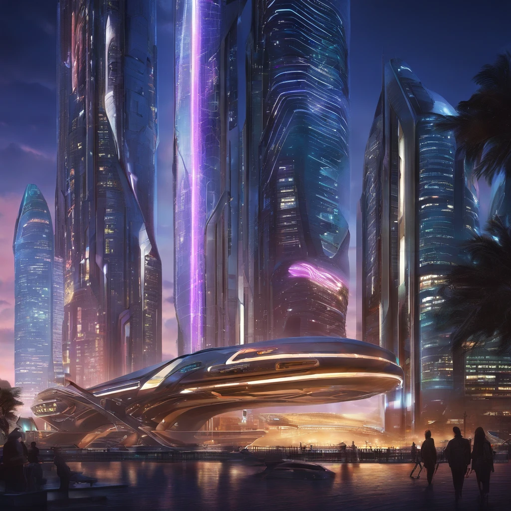 masterpiece, super detail, high quality, award winning, 8k, photorealistic, future landmark tower, is lit up, in the metropolis of the future, port city, from below, futuristic, Taking advantage of curves, at night
